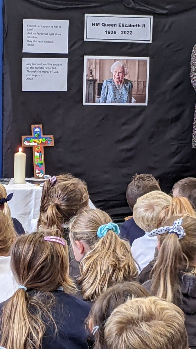 StGerards1928's tweet photo. In our assembly this morning we celebrated the life of HM Queen Elizabeth II. The children have all created floral tributes which will be added to our display during the day. https://t.co/MGJyCIebqP