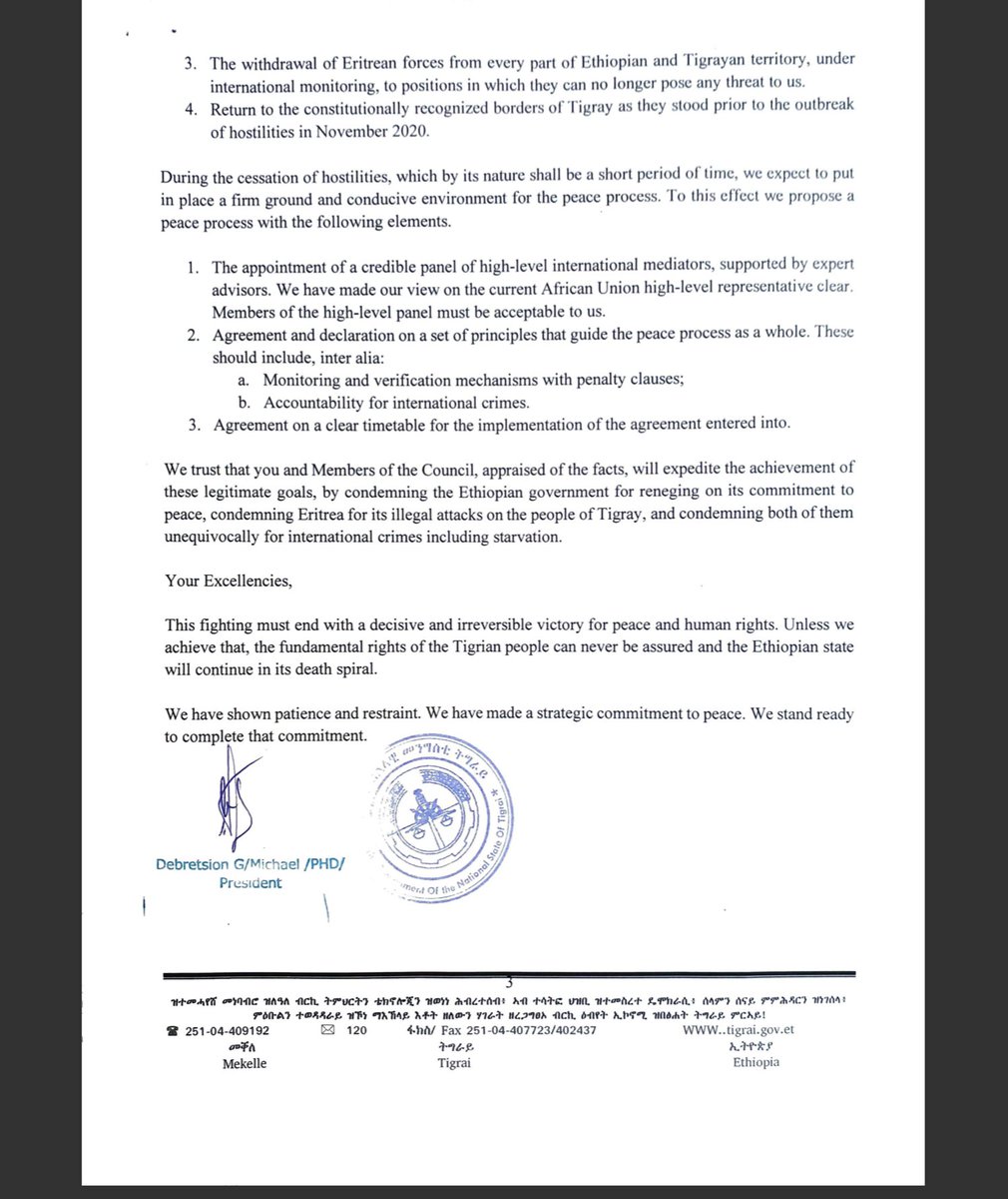 RAbdiAnalyst's tweet photo. Tigray writes to #UNSC spells out 4 points that must form basis for a negotiated ceasefire

*End to siege
*Unfettered humanitarian access
*Withdrawal of Eritrean troops
*Return of Western Tigray to pre-war status https://t.co/rWeTbwLNB7