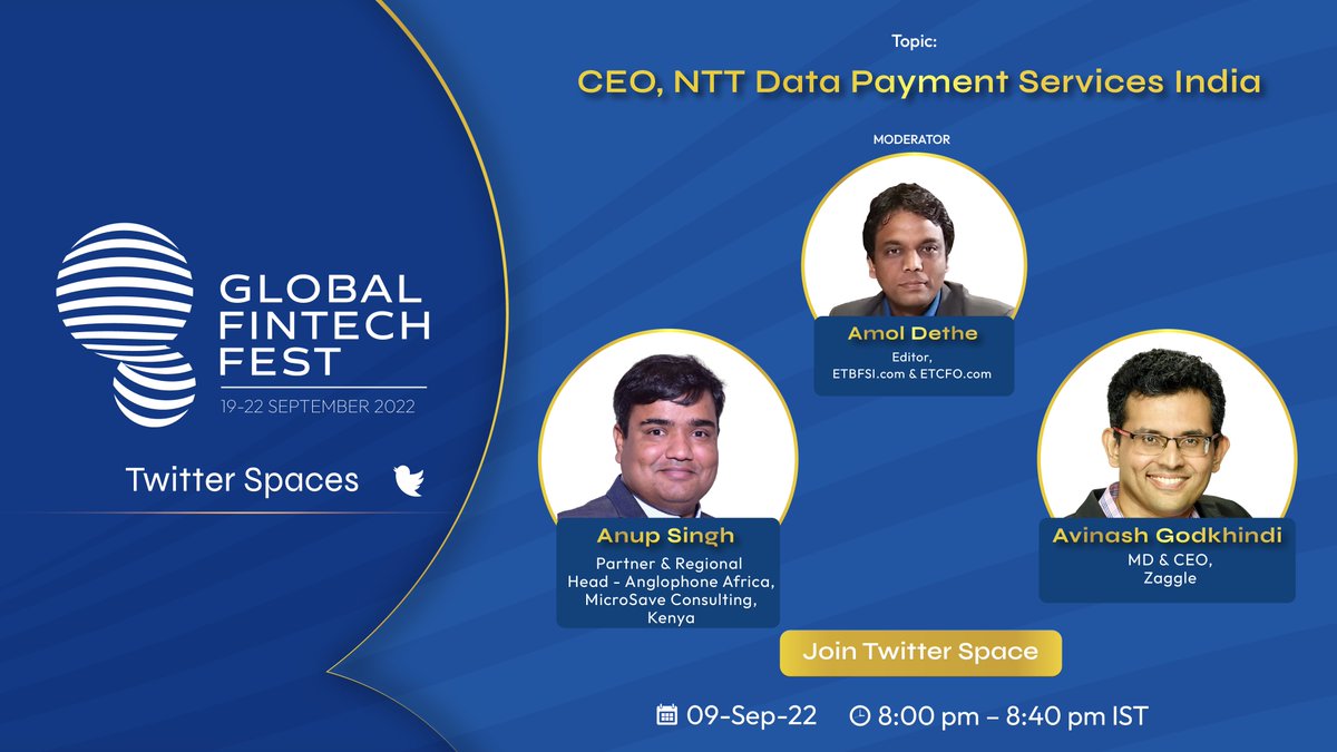 We have a Twitter Space discussion on the topic of Fintech Driving Inclusion.
It will be moderated by
<a href="/amoldethe/">amol shivaji dethe</a> 
and
<a href="/anupsinghaks/">Anup Singh</a> <a href="/avinashgod/">Avinash Godkhindi</a> will be joining as speakers.
TODAY at 8pm : x.com/i/spaces/1MYGN…