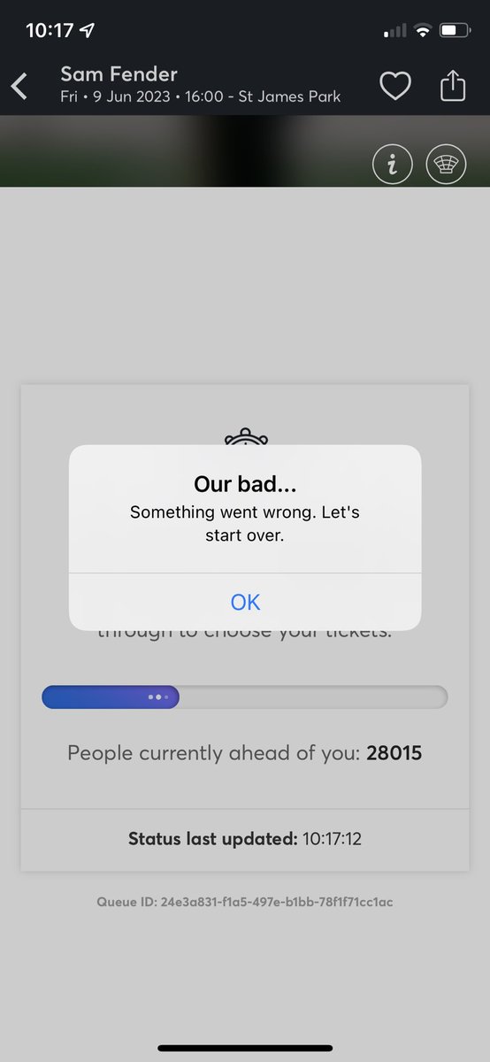 Mongie87's tweet photo. @TicketmasterUK what’s going on here? Got this 10 mins ago and now I’m kicked out when trying to get Sam Fender tickets https://t.co/UuEVnQwTGI