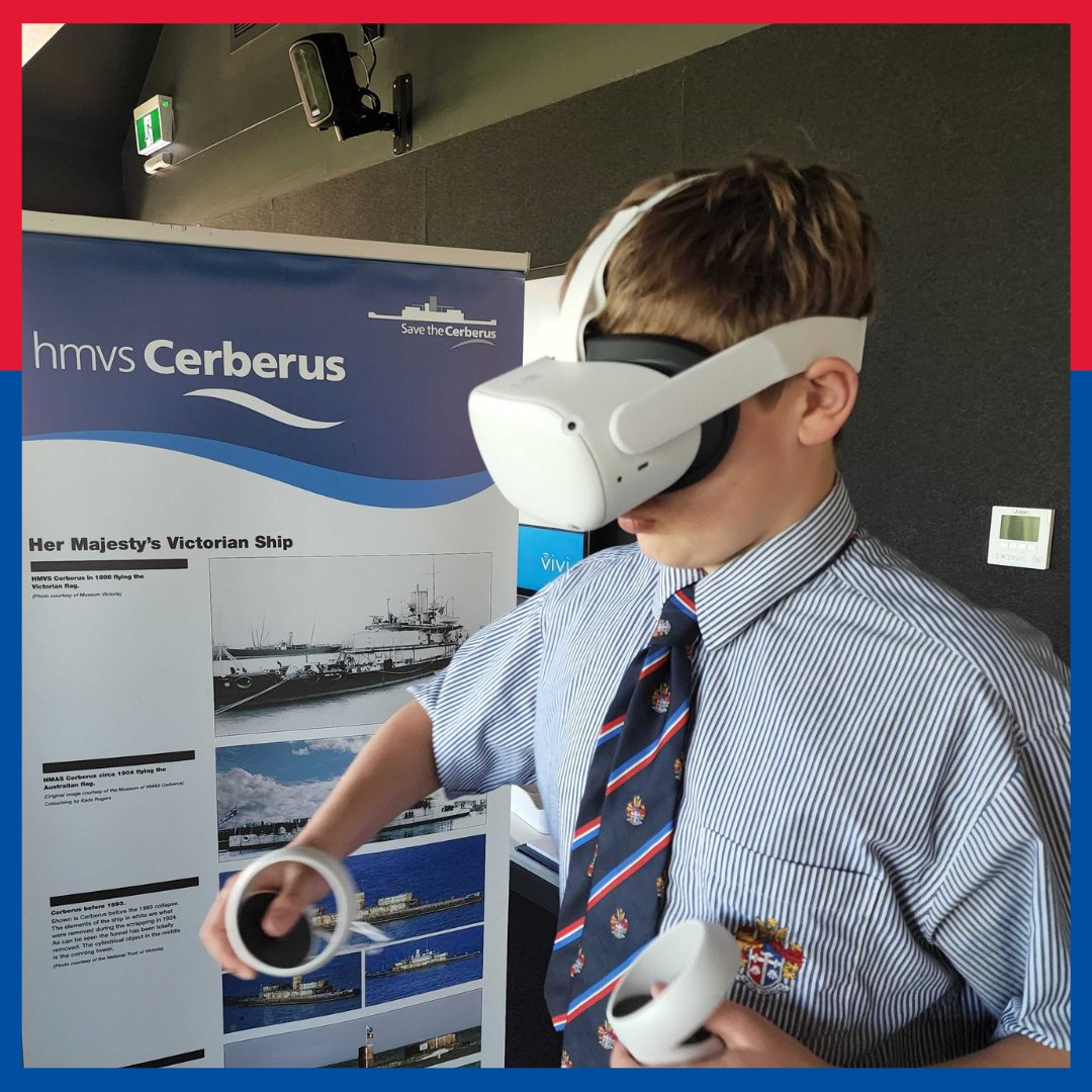 BrightonGrammar's tweet photo. Year 9 Visual Communication Design boys have travelled back in time to tour the famed #HMVSCerberus in a hands on experience of #LiminalVR’s virtual heritage experience #AboardtheCerberus which connected them to a part of local history through the exciting possibilities of #VR https://t.co/CT68bcoCt0
