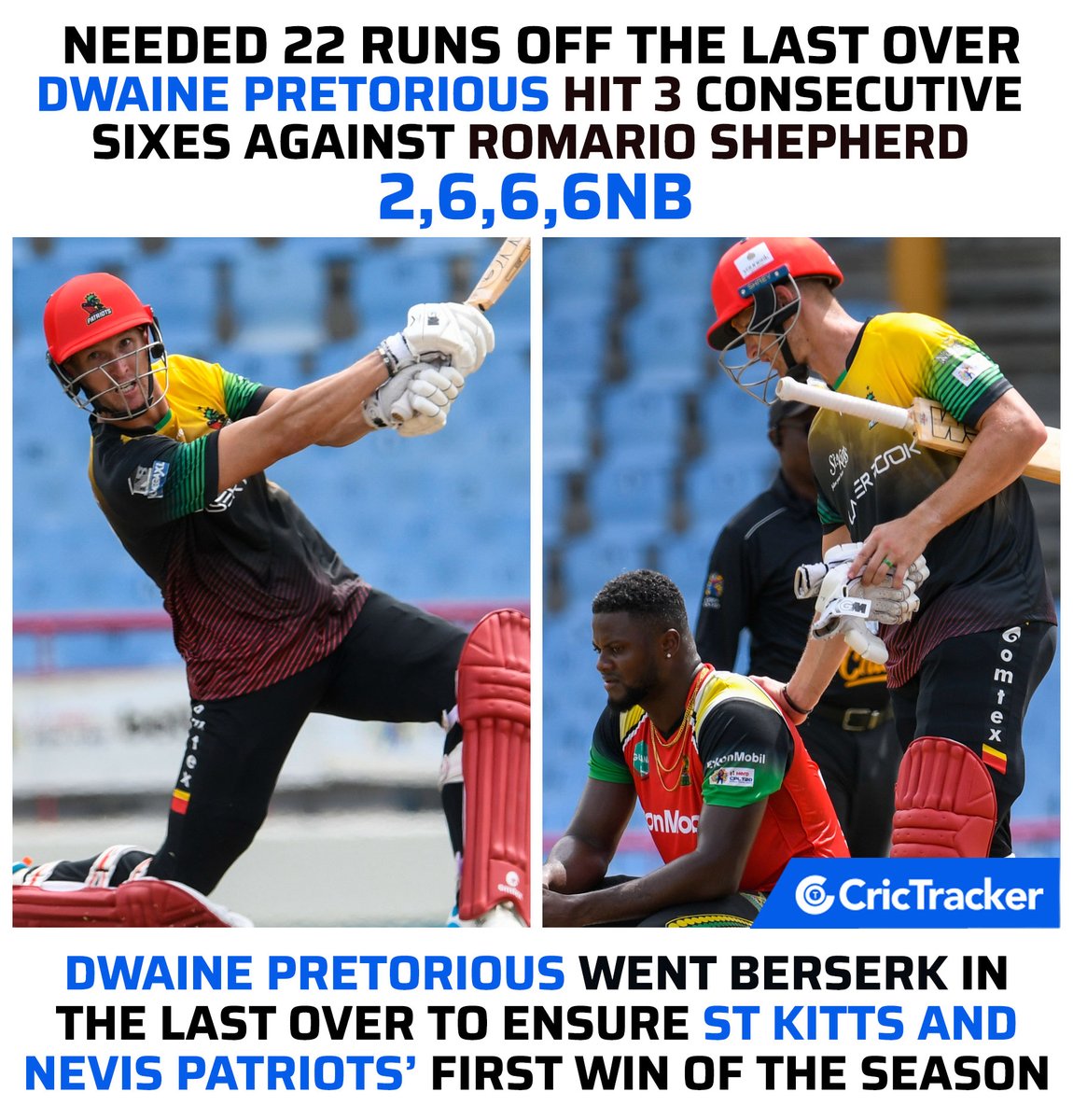 Cricketracker's tweet photo. Dwaine Pretorious's last over heroics ensure first win for St Kitts and Nevis Patriots in the tournament.

#DwainePretorious #STKNP #CPL2022 #Cricket #CricTracker https://t.co/QgIn84rrVh