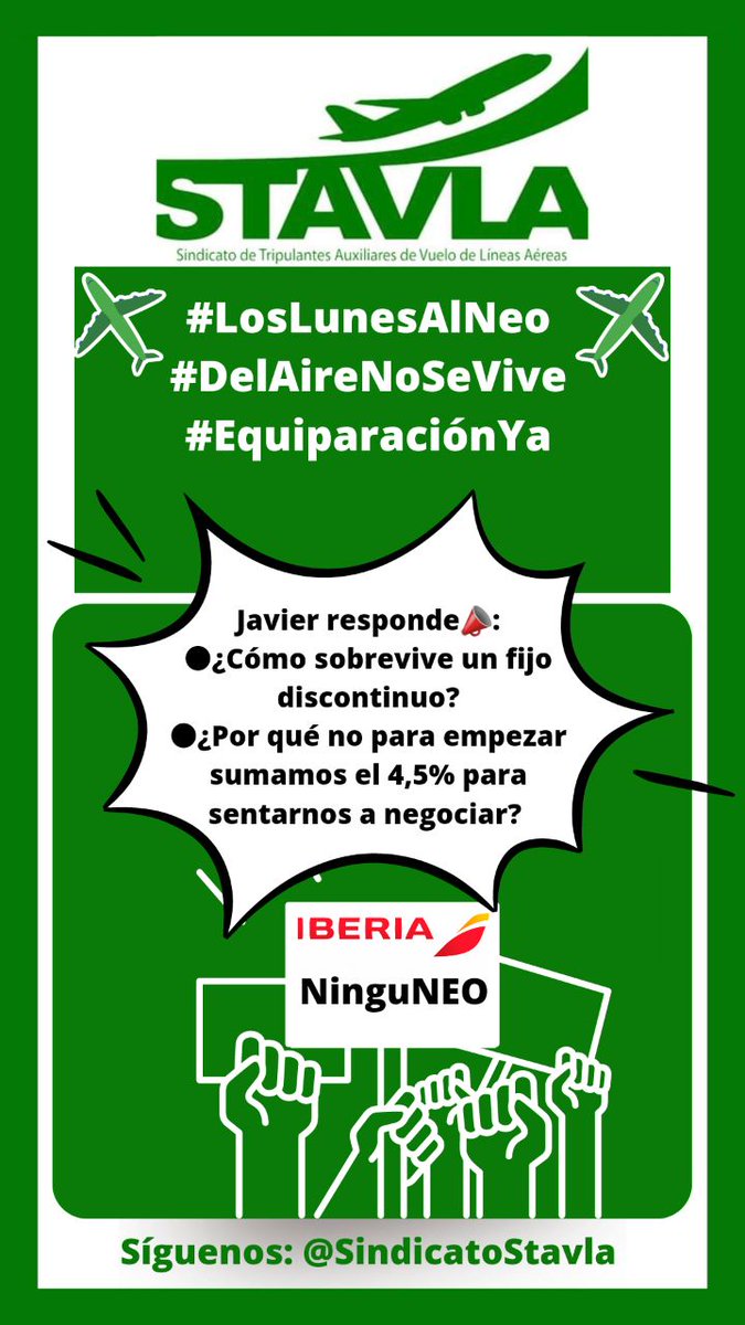 sindicatostavla's tweet photo. #PorUnConvenioDigno 
#EquiparaciónYA 
#DelAireNOseVive 
#Iberia
@laSextaTV 
@La1_tve 
@noticias_cuatro 
@telemadrid 
@EFEnoticias 
@120minutosTM 
@Yolanda_Diaz_ 
@informativost5 
@_infoLibre https://t.co/qB1nODgA0c