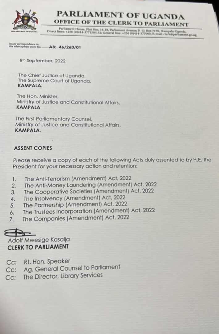 Legal alert: The Companies (Amendment) Act, 2022; The Trustees Incorporation (Amendment) Act, 2022; The Partnership (Amendment) Act, 2022; The Insolvency (Amendment) Act, 2022; The Anti-Money Laundering (Amendment) Act, 2022; etc have received Presidential assent 

#Uganda