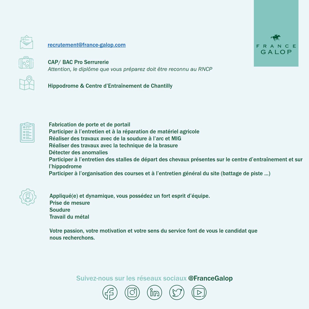 fgchantilly's tweet photo. ‼️🙋🏼‍♀️🙋🏻‍♂️‼️
France Galop Chantilly recrute :
- 1 apprenti(e) mécanicien 👨🏻‍🔧🧑🏼‍🔧🧰
- 1 apprenti(e) serrurerie forge 👨🏼‍🏭🧑🏻‍🏭⚒
Prenez connaissance des fiches de poste dans les images qui suivent 👉🏻
📧 contacter recrutement@france-galop.com
@francegalop https://t.co/uQEQWwhrLX