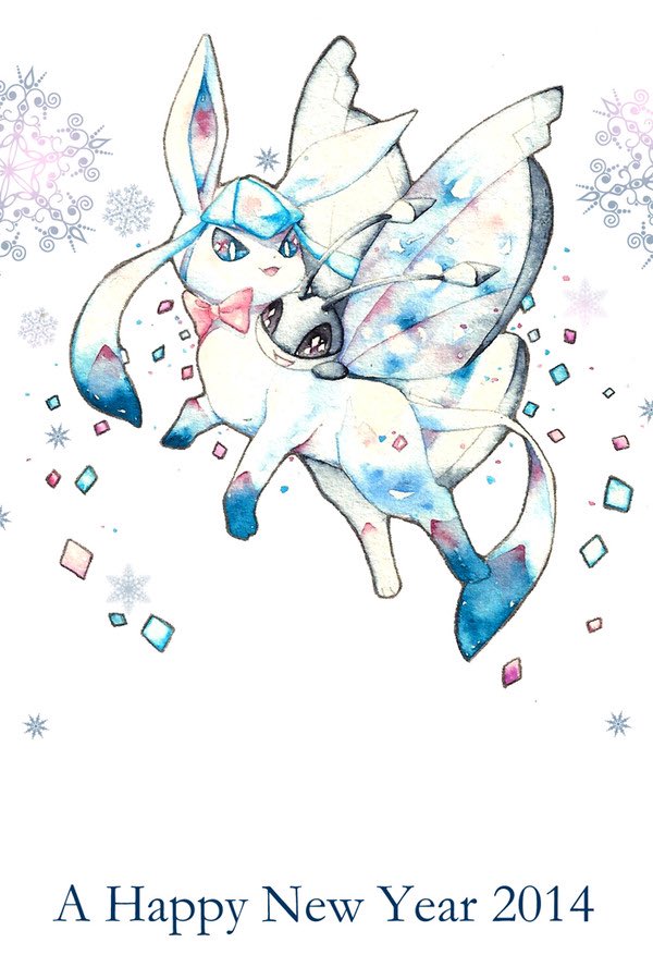 glaceon pokemon (creature) no humans open mouth traditional media happy new year smile white background  illustration images