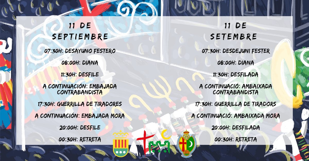 ✝️ Programación Festes Moros i Cristians 2022 ☪️
Hoy, domingo 11 de septiembre. 

***
✝️ Programació Festes Moros i Cristians 2022 ☪️
Hui, diumenge 11 de setembre. 

#Mutxamel #mutxamelfestes  #morosicristiansmutxamel #morosycristianos #morosicristians #fiestasinteresturistico