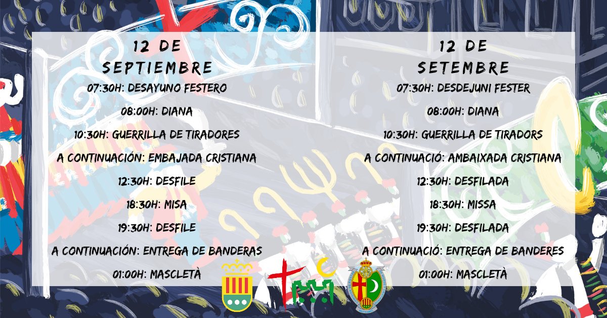 ✝️ Programación Festes Moros i Cristians 2022 ☪️
Hoy, lunes 12 de septiembre. 

***
✝️ Programació Festes Moros i Cristians 2022 ☪️
Hui, dilluns 12 de setembre. 

#Mutxamel #mutxamelfestes  #morosicristiansmutxamel #morosycristianos #morosicristians #fiestasinteresturistico