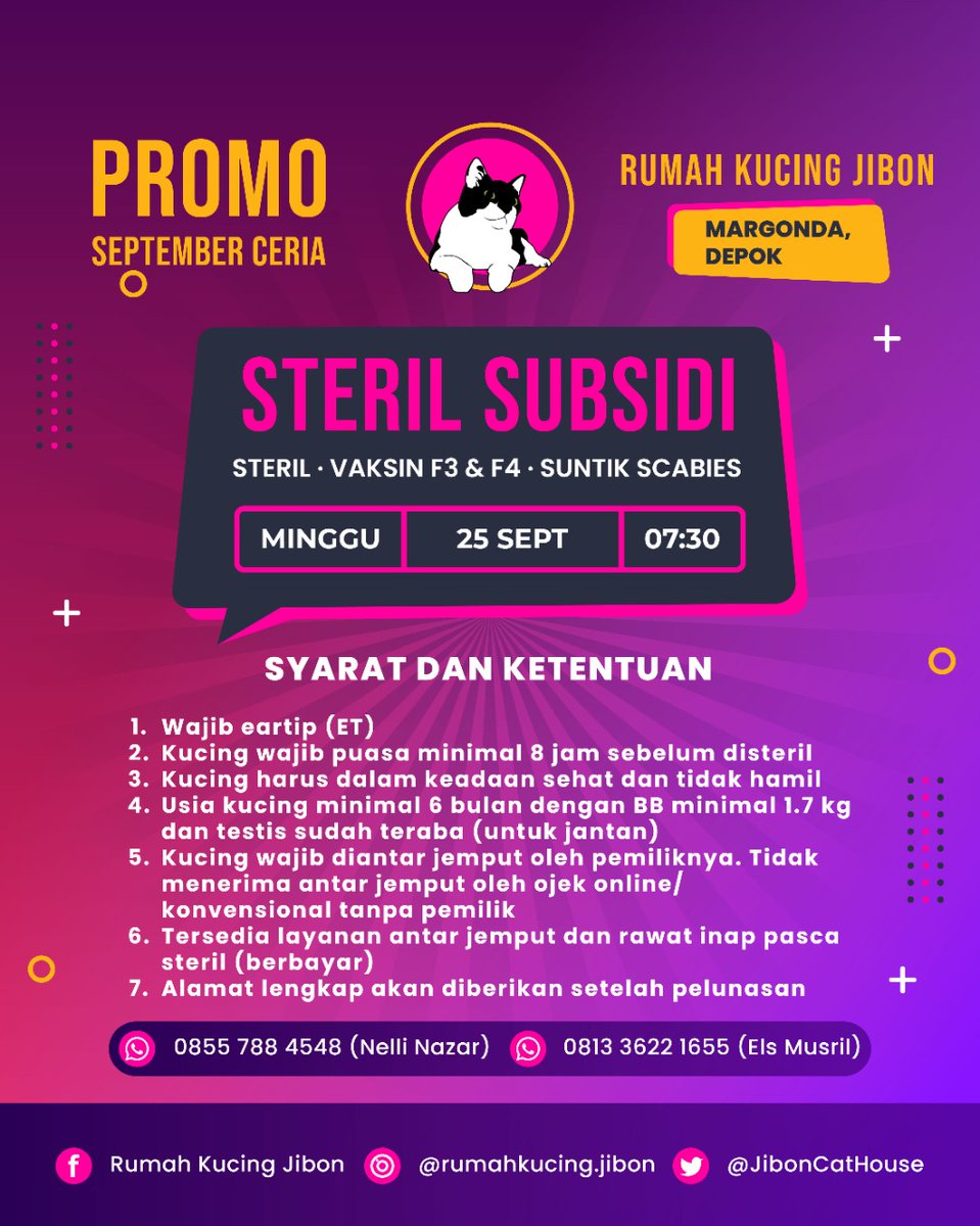JibonCatHouse's tweet photo. PROMO SEPTEMBER CERIA

STERIL KUCING SUBSIDI 25 SEPTEMBER 2022 07.30

Tersedia:
Vaksin kucing F3, F4, rabies
Suntik kutu/scabies
Jasa potong kuku

#sterilkucing #sterilsubsidi #sterilkucingsubsidi #sterilmurah #sterilkucingmurah #sterildepok #sterilkucingdepok #vaksinkucing https://t.co/9ikl8Qo2UJ