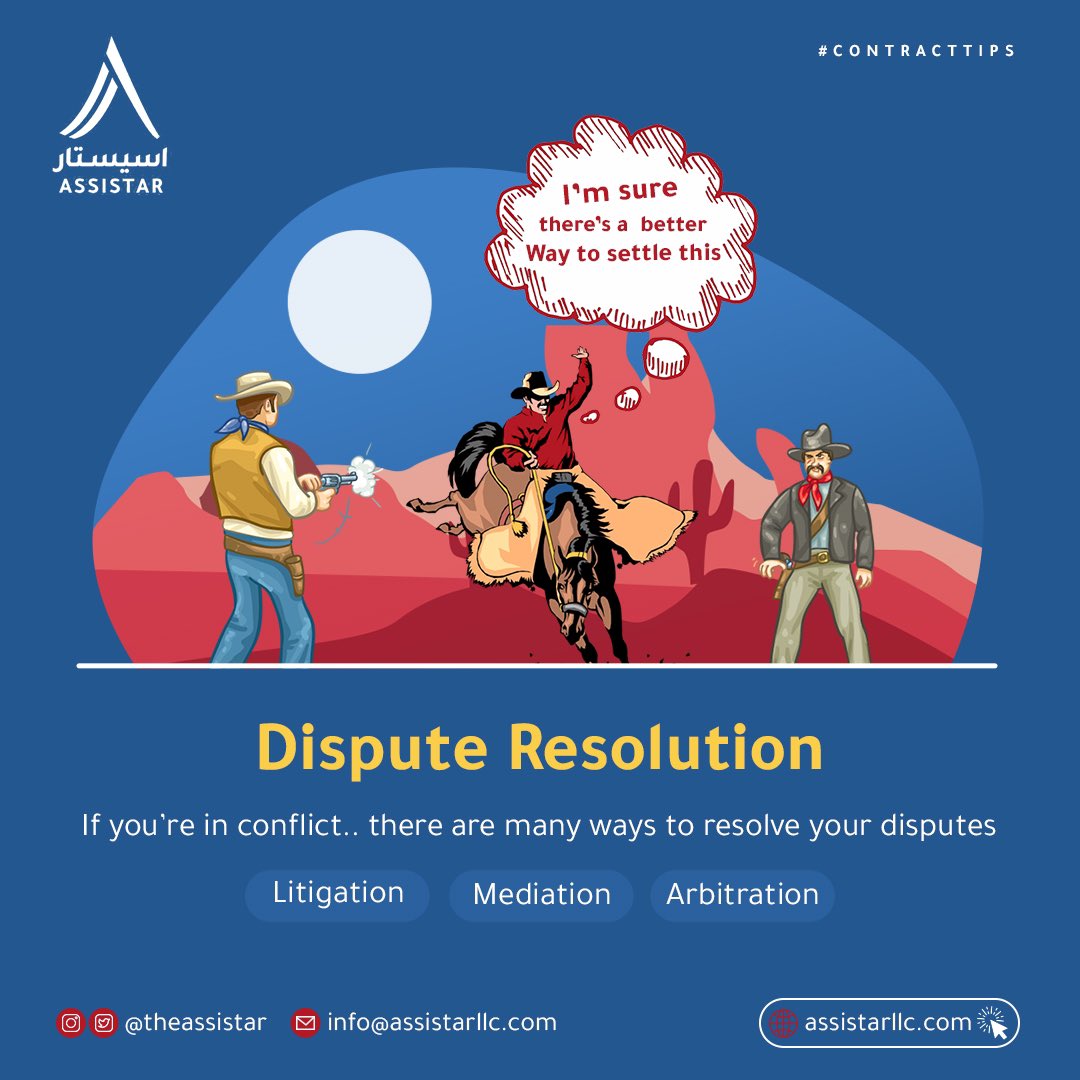 theassistar's tweet photo. #DisputeResolution clauses include at least one of these ways to settle disputes:

#Litigation: issuance of a judgment through the court system.

#Mediation: a specialist assisting parties find common ground.

#Arbitration: an independent specialist issuing a binding decision.
⬇️ https://t.co/VCms2pDtVv