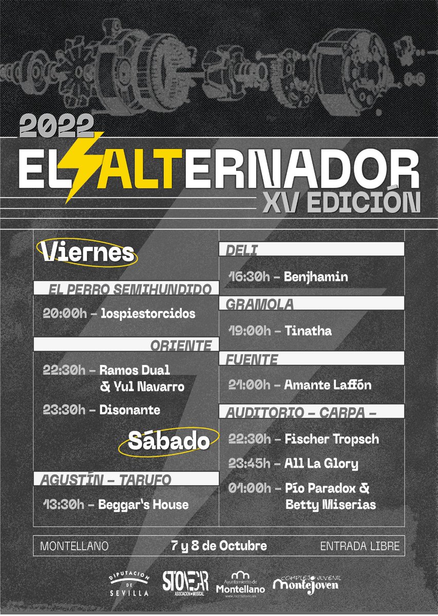 AlternadorFest's tweet photo. ⚡XV Festival El Alternador | Montellano (Sevilla) | 7 y 8 de octubre 2022 | #alt2022fest #alternadormontellano | Varias localizaciones | Entrada libre | +info https://t.co/H7HcuX9hqV | #montellano #elalternador #laotracorriente #música #cultura #sevillaprovincia #provinciasvq https://t.co/04zohx9G0T
