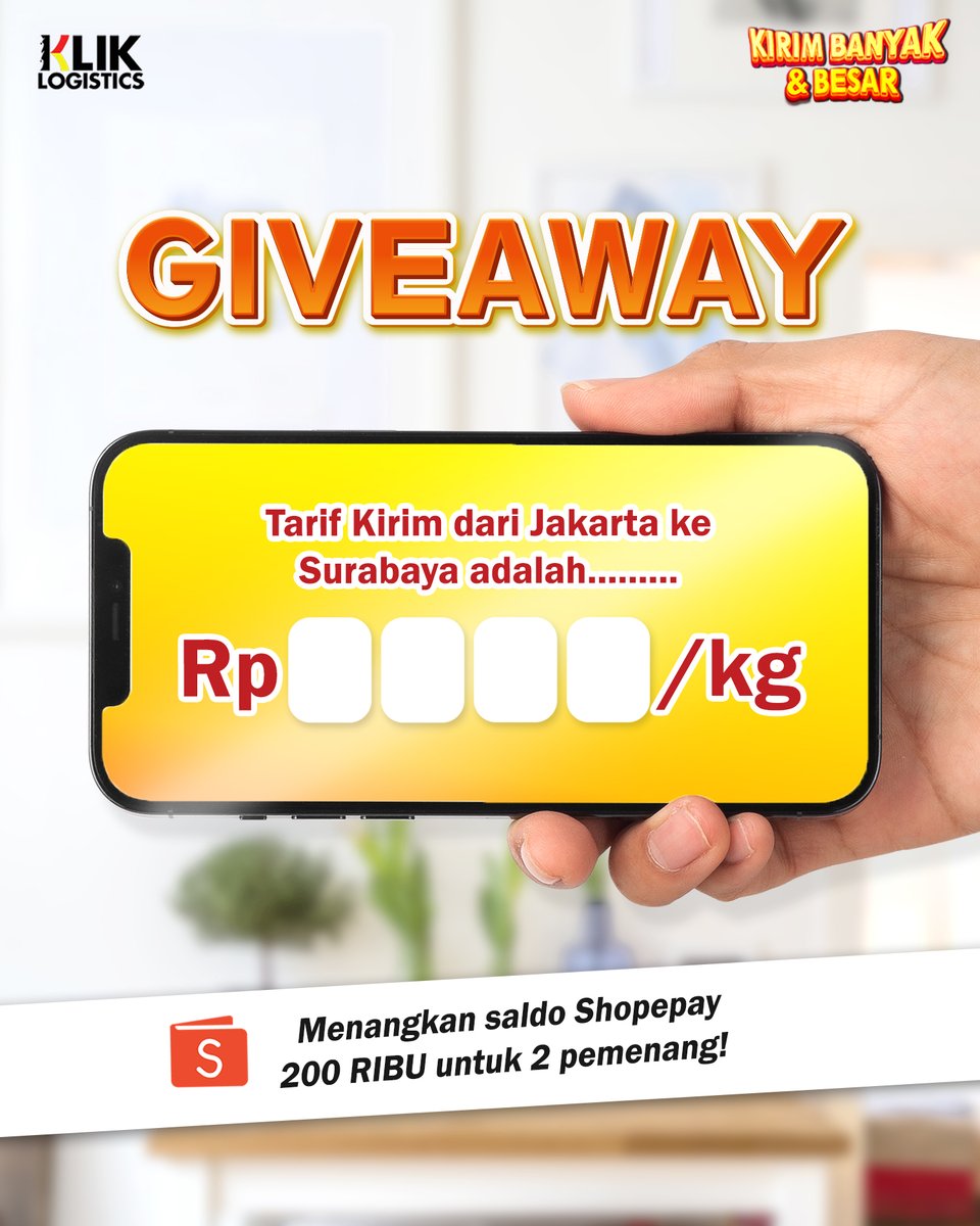 GIVEAWAY Klik Logistics !!
Rules :
1. Follow <a href="/kliklogistics/">Si Paling Murah</a>
2. RT + LIKE postingan ini &amp; postingan lainnya
3. Jawab postingan ini pakai hashtag #ekspedisimurah #kliklogistics

Hadiah Shopeepay Rp 200.000 untuk 2 orang 
Goodluck!
#Shopee #giveawaycontest #giveaway #giveawaytime