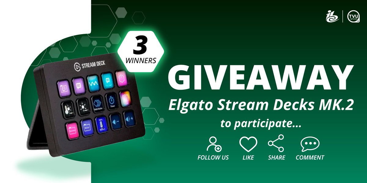 TVUNetworks's tweet photo. If you’re at @IBCShow today, consider yourself lucky!

You now got a chance to win one of the 3 Stream Deck MK.2 we’re giving away.

𝐇𝐨𝐰 𝐭𝐨 𝐰𝐢𝐧:
1- Follow TVU Networks on social media
2- Like, Comment, and Share this #giveaway post
3- The winners will be randomly selected https://t.co/I9fn8a3PtU