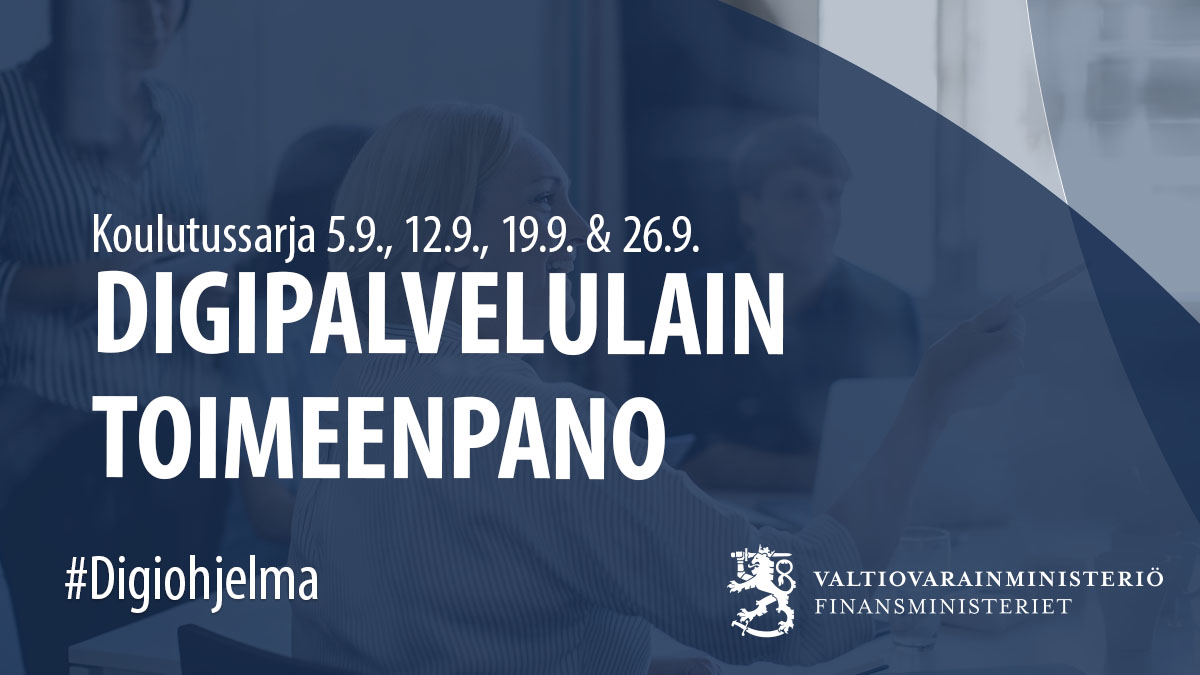 Ensi maanantaina jatkuu koulutussarjamme digipalvelulain toimeenpanosta.

Tällä kerralla käsitellään viranomaisten velvollisuutta tarjota digitaalisia palveluita yleisölle.

🔗 Teams-linkki &amp; lisätiedot: vm.fi/tapahtumat/202…

#Digiohjelma | #Digipalvelulaki