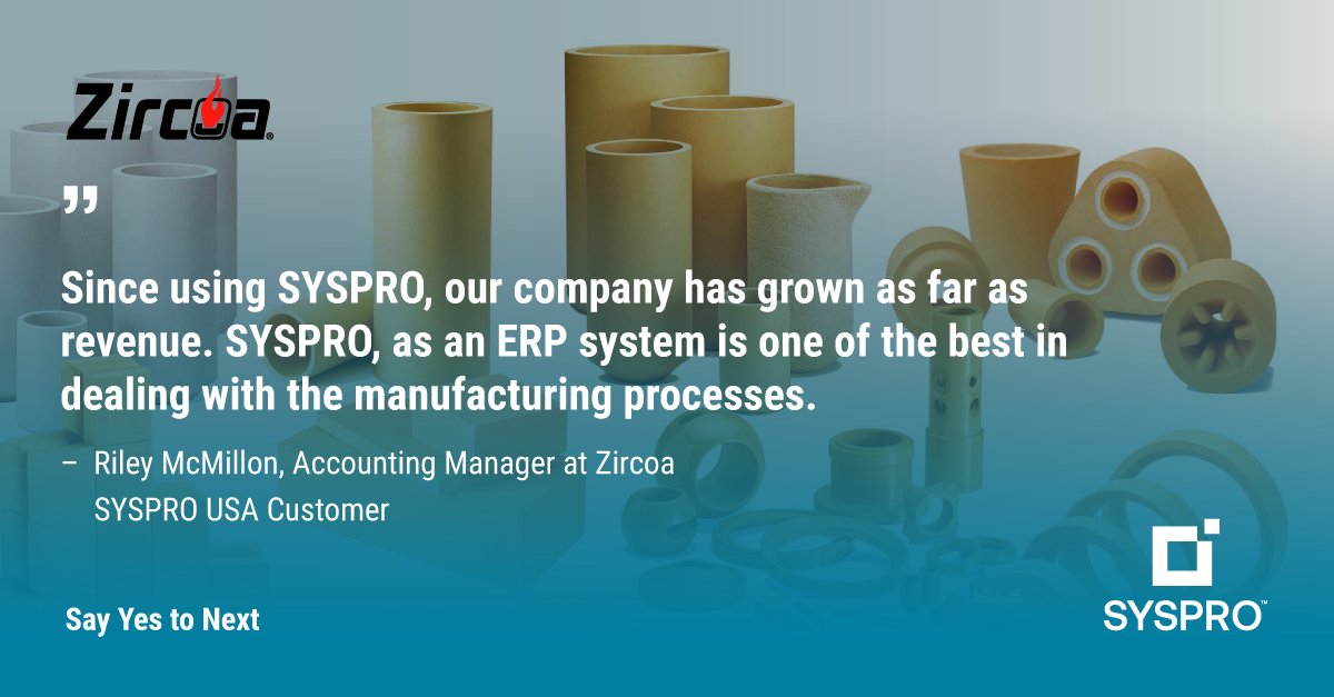 SYSPRO's tweet photo. Zircoa, a Zirconium Oxide manufacturer leverages our ERP to save time and money, ultimately generating increased revenue within the organization:
https://t.co/BCRDYWVVfo
@SYSPRO_USA
#WhySYSPRO #SayYesToNext https://t.co/xgV1OsnuyS