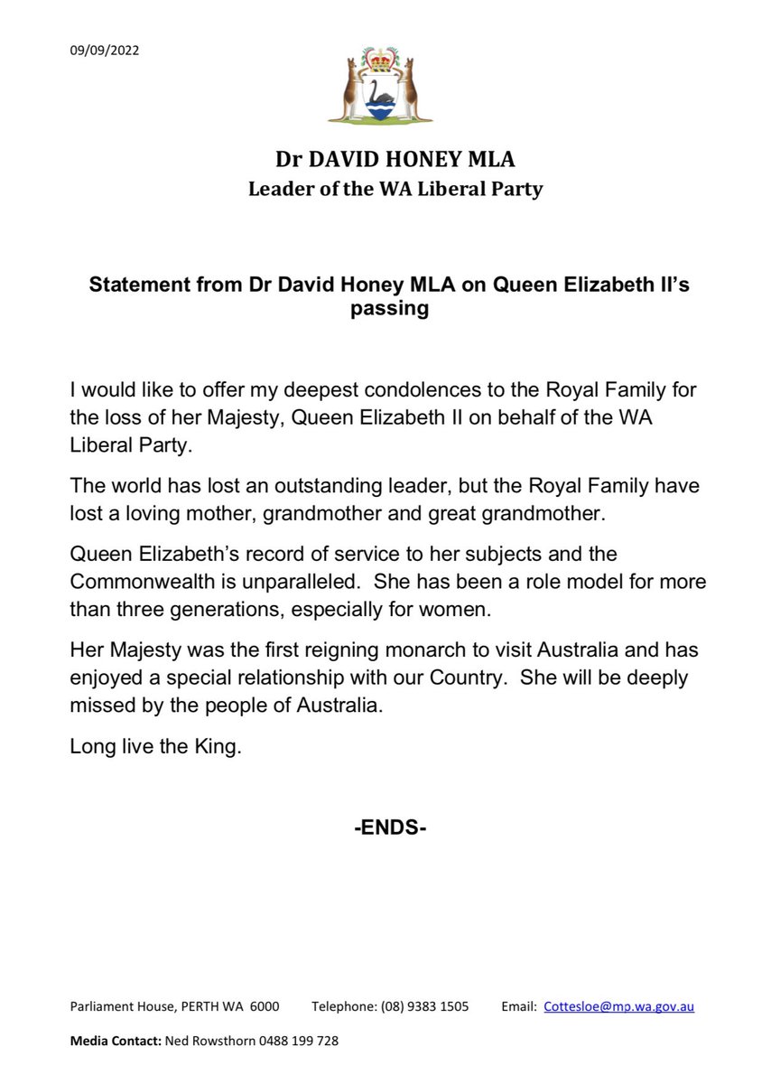 Statement from WA Liberal Leader <a href="/DrDavidHoney/">Dr David Honey MLA</a> on Queen Elizabeth II’s passing