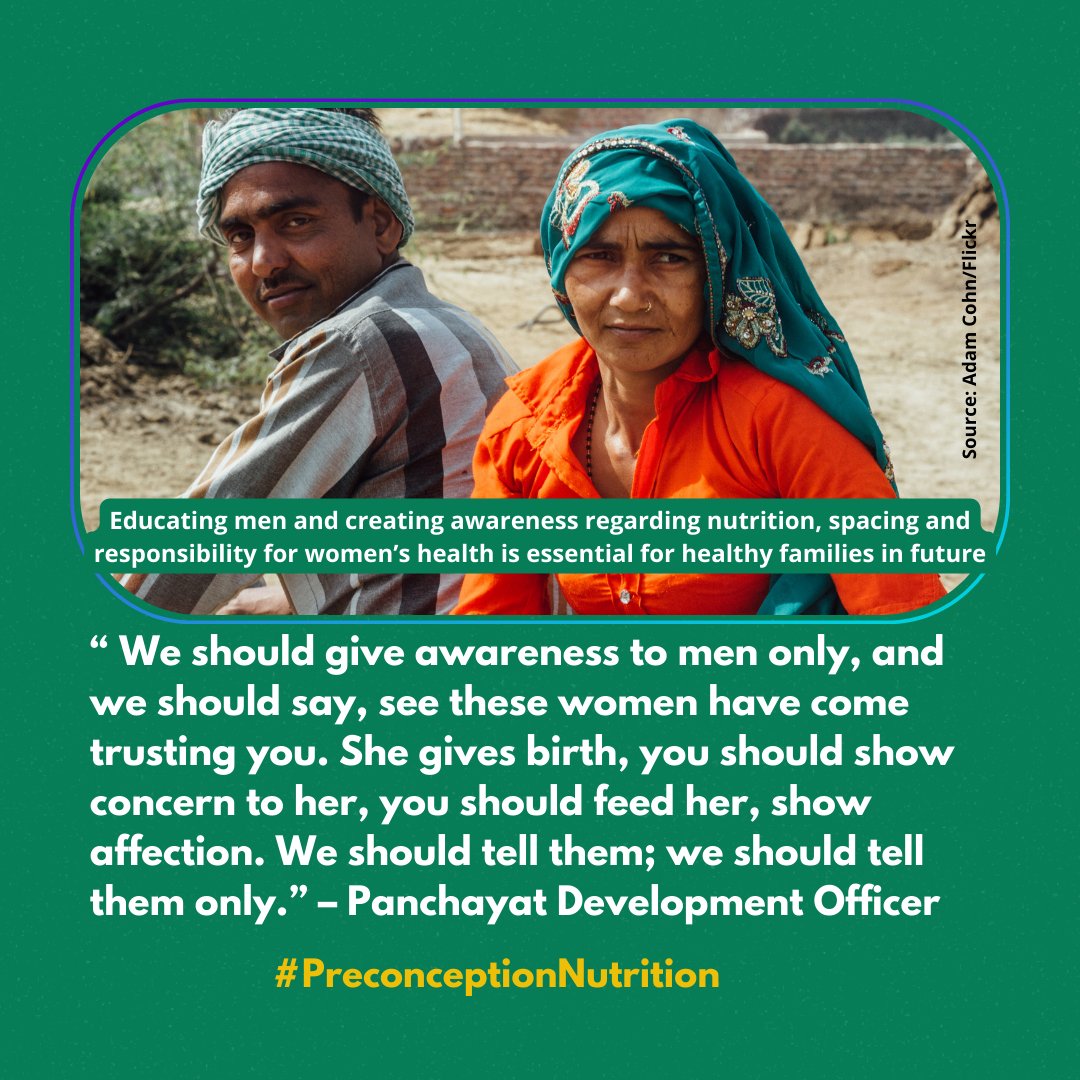 khpt4change's tweet photo. KHPT’s qualitative study on barriers and facilitators to preconception nutrition found that the decision making of men and parents-in-law influence women’s abilities to eat healthy before conceiving a child.

#PreconceptionNutrition #KHPT4Change #NutritionMonth #Poshanmaah2022 https://t.co/HYhH6GNpwx