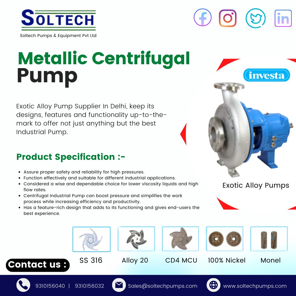 👉Soltech offer's one of the best quality Exotic Alloy Pumps for 👊👊challenging Chemical industrial operations. Our Exotic Alloy Pumps are appropriate for Chemicals and Battery Manufacturing Companies.👈
#soltechpump #metalliccentrifugal 
919310156040
bit.ly/3Bhd7pq