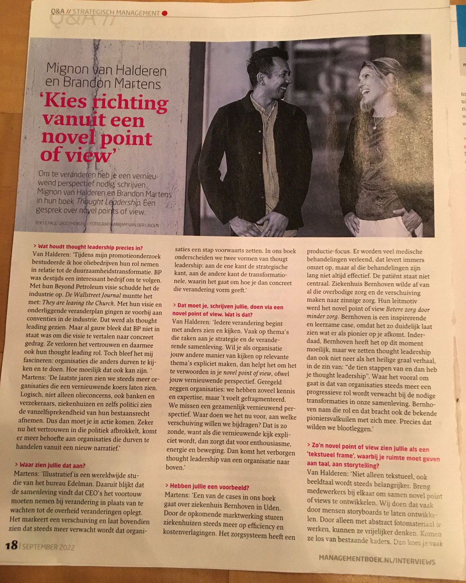 MignonDelicia's tweet photo. Interview in @Mgtboeknl magazine. #thoughtleadership #novelpointsofview als vertrekpunt voor je strategie en positionering. En de rol van kunstenaars bij het ontwikkelen van vernieuwende perspectieven. @SandrArtPartner https://t.co/4KLuC7geIw