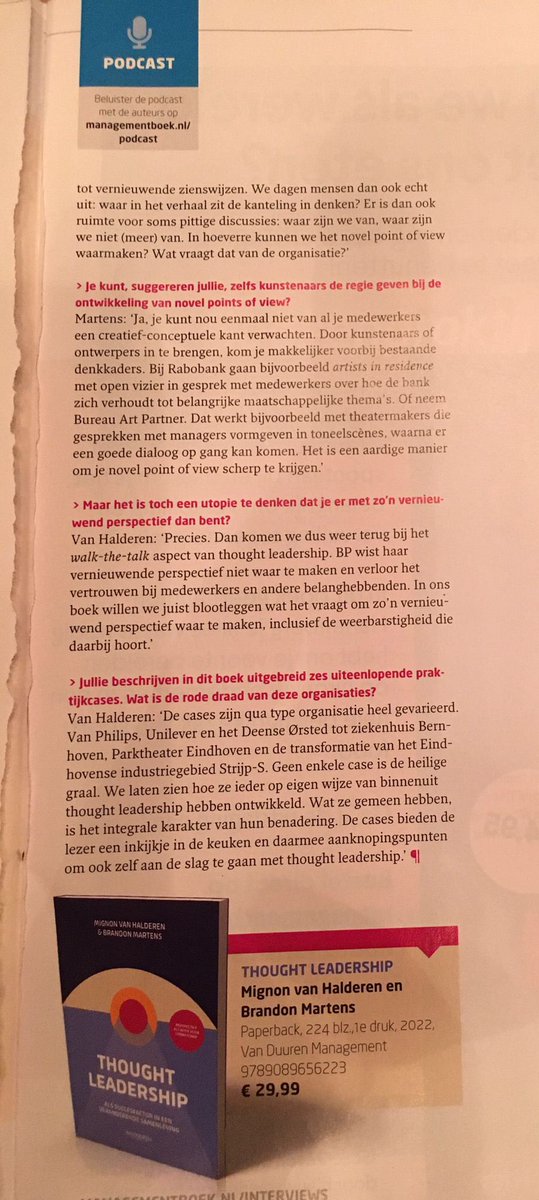 MignonDelicia's tweet photo. Interview in @Mgtboeknl magazine. #thoughtleadership #novelpointsofview als vertrekpunt voor je strategie en positionering. En de rol van kunstenaars bij het ontwikkelen van vernieuwende perspectieven. @SandrArtPartner https://t.co/4KLuC7geIw