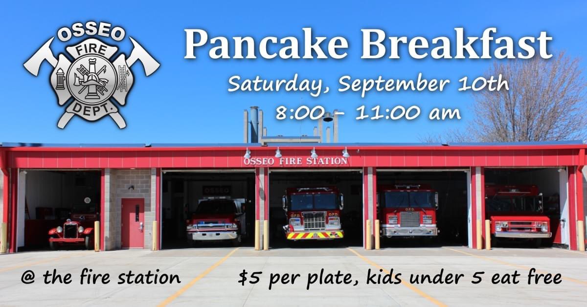 Hey Osseo,

Be sure to join the Osseo Fire Department for a pancake breakfast on Saturday, September 10th from 8:00am to 11:00am! 

So eat up and then find a spot/settle in for the Osseo Lions Roar Parade! 

#Osseo #OsseoFireFighters #pancakebreakfast #LionsRoar