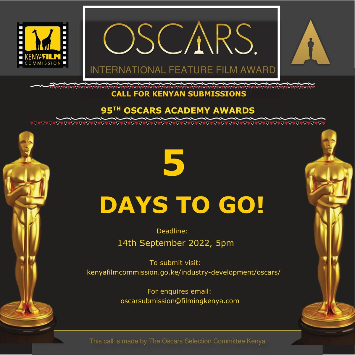 Only 5 days to go, have you submitted your film ? See more information here: kenyafilmcommission.go.ke/industry.../os