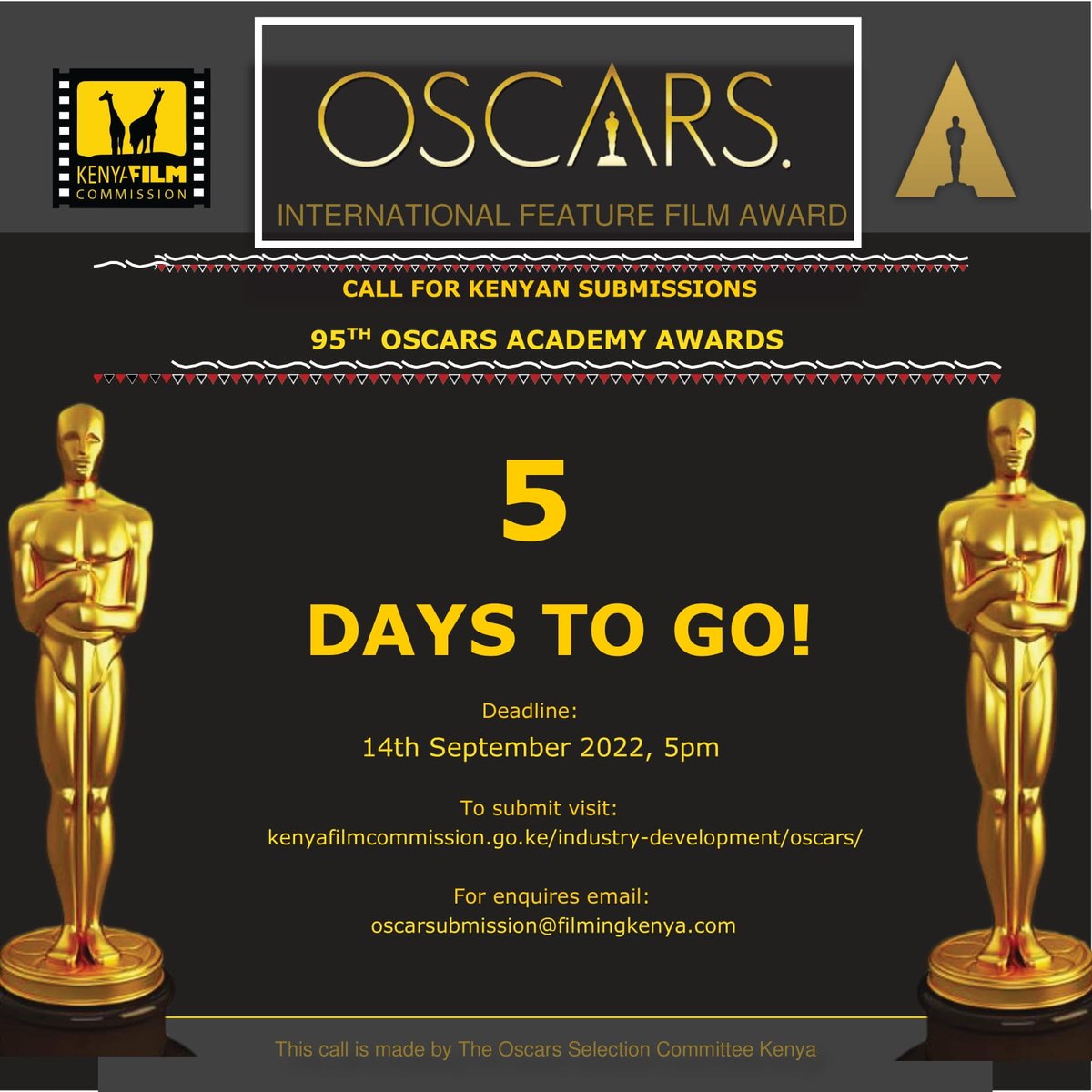 kenyafilmcomm's tweet photo. Only 5 days to go, have you submitted your film ?
See more information here:
https://t.co/Qs13ObYj2Q https://t.co/SjGyJamN6L