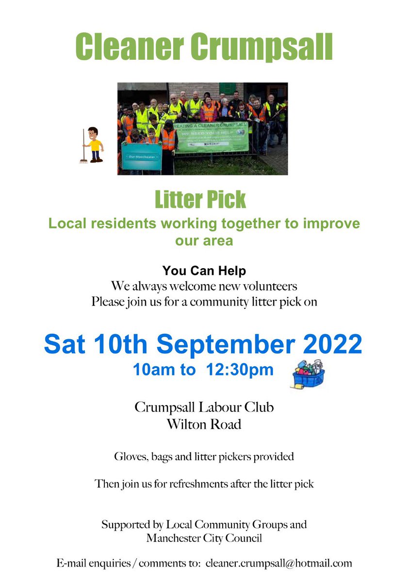 Our next #LitterPick is on Saturday 10th September 2022 from 10am-12:30pm! We provide all equipment and great company too! Come join us and make new friends while helping to improve our area! #Crumpsall