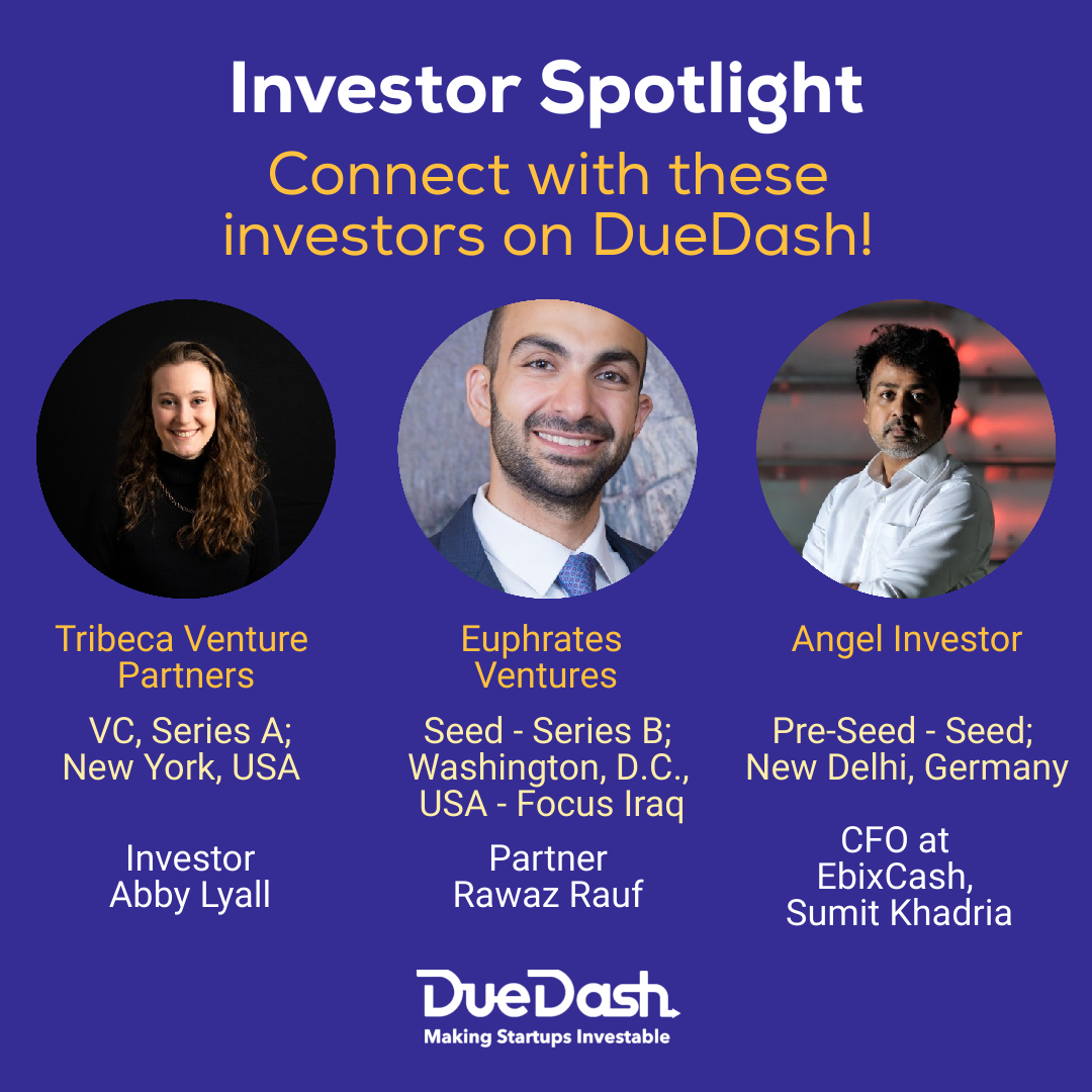 duedash_network's tweet image. Check out these interesting investors on DueDash:

🤝 Euphrates Ventures Rawaz Rauf @rawaz duedash.com/dd/euphratesve…

🤝 Tribeca Venture Partners @tribecavp Abby Lyall @tribecavp duedash.com/dd/tribecavent…

🤝 Angel Investor Sumit Khadira: duedash.com/dd/sumitkhadria