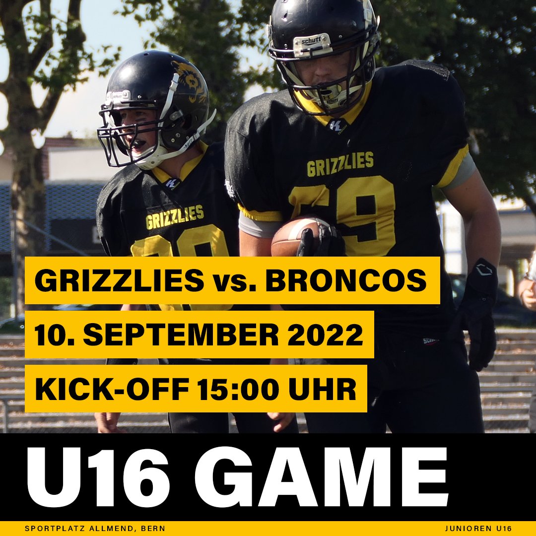 Bern Grizzlies (@berngrizzlies) on Twitter photo Am Samstag spielt unsere U16-Juniorenmannschaft im Heimspiel gegen die <a href="/Calanda_Broncos/">Calanda Broncos</a>. 🆙🏈 Kommt vorbei und supportet unser Team – wir haben zudem Merchandise vor Ort. 😎
📅 Samstag, 10. September 2022
🕑 Kick-off 15:00 Uhr
📍 Sportplatz Allmend, Bern
#BernGrizzlies Am Samstag spielt unsere U16-Juniorenmannschaft im Heimspiel gegen die <a href="/Calanda_Broncos/">Calanda Broncos</a>. 🆙🏈 Kommt vorbei und supportet unser Team – wir haben zudem Merchandise vor Ort. 😎
📅 Samstag, 10. September 2022
🕑 Kick-off 15:00 Uhr
📍 Sportplatz Allmend, Bern
#BernGrizzlies