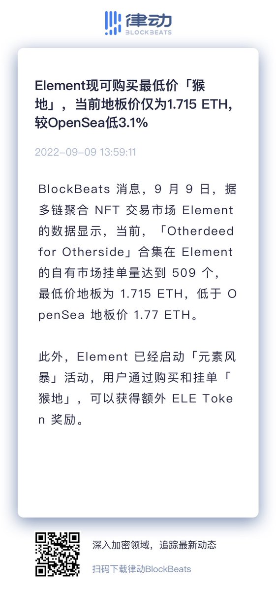 wangfeng_0128's tweet photo. 土地类NFT在未来的元宇宙中占据了重要一环，猴子土地有着在IP领域的巨大影响力。如果要择机购买猴子土地，可以考虑element上面购买，目前很多用户开始挂单，是全网最低的价格了。 https://t.co/iGTfsGJ4gb