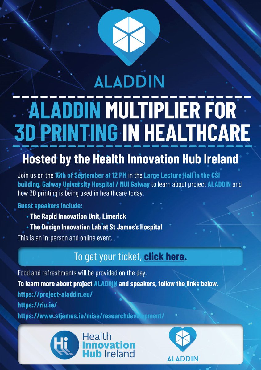 Health Innovation Hub Ireland (@hihireland) on Twitter photo Only a few days left to register for our 3D printing in Healthcare Multiplier Event.
Register here bit.ly/3A0Rjwg
<a href="/RIU_UL/">Rapid Innovation Unit</a> <a href="/stjamesdublin/">St James's Hospital</a> <a href="/UL/">University Of Limerick</a> @UniOfGalway <a href="/GalwayCMNHS/">University of Galway CMNHS</a> <a href="/EngIrl_Biomed/">Engineers Ireland Biomedical Engineering Division</a> <a href="/BioInnovate_Ire/">BioInnovate Ireland</a> <a href="/Bio_Eng_NUIG/">Biomedical Engineering University of Galway</a> <a href="/I_Form_Centre/">I-Form</a> <a href="/MedScan3D/">MedScan3D 🇮🇪</a> <a href="/IMR_ie/">IMR</a> <a href="/TheIAPM/">IAPM</a> <a href="/3D_WIT/">3DWIT</a> Only a few days left to register for our 3D printing in Healthcare Multiplier Event.
Register here bit.ly/3A0Rjwg
<a href="/RIU_UL/">Rapid Innovation Unit</a> <a href="/stjamesdublin/">St James's Hospital</a> <a href="/UL/">University Of Limerick</a> @UniOfGalway <a href="/GalwayCMNHS/">University of Galway CMNHS</a> <a href="/EngIrl_Biomed/">Engineers Ireland Biomedical Engineering Division</a> <a href="/BioInnovate_Ire/">BioInnovate Ireland</a> <a href="/Bio_Eng_NUIG/">Biomedical Engineering University of Galway</a> <a href="/I_Form_Centre/">I-Form</a> <a href="/MedScan3D/">MedScan3D 🇮🇪</a> <a href="/IMR_ie/">IMR</a> <a href="/TheIAPM/">IAPM</a> <a href="/3D_WIT/">3DWIT</a>