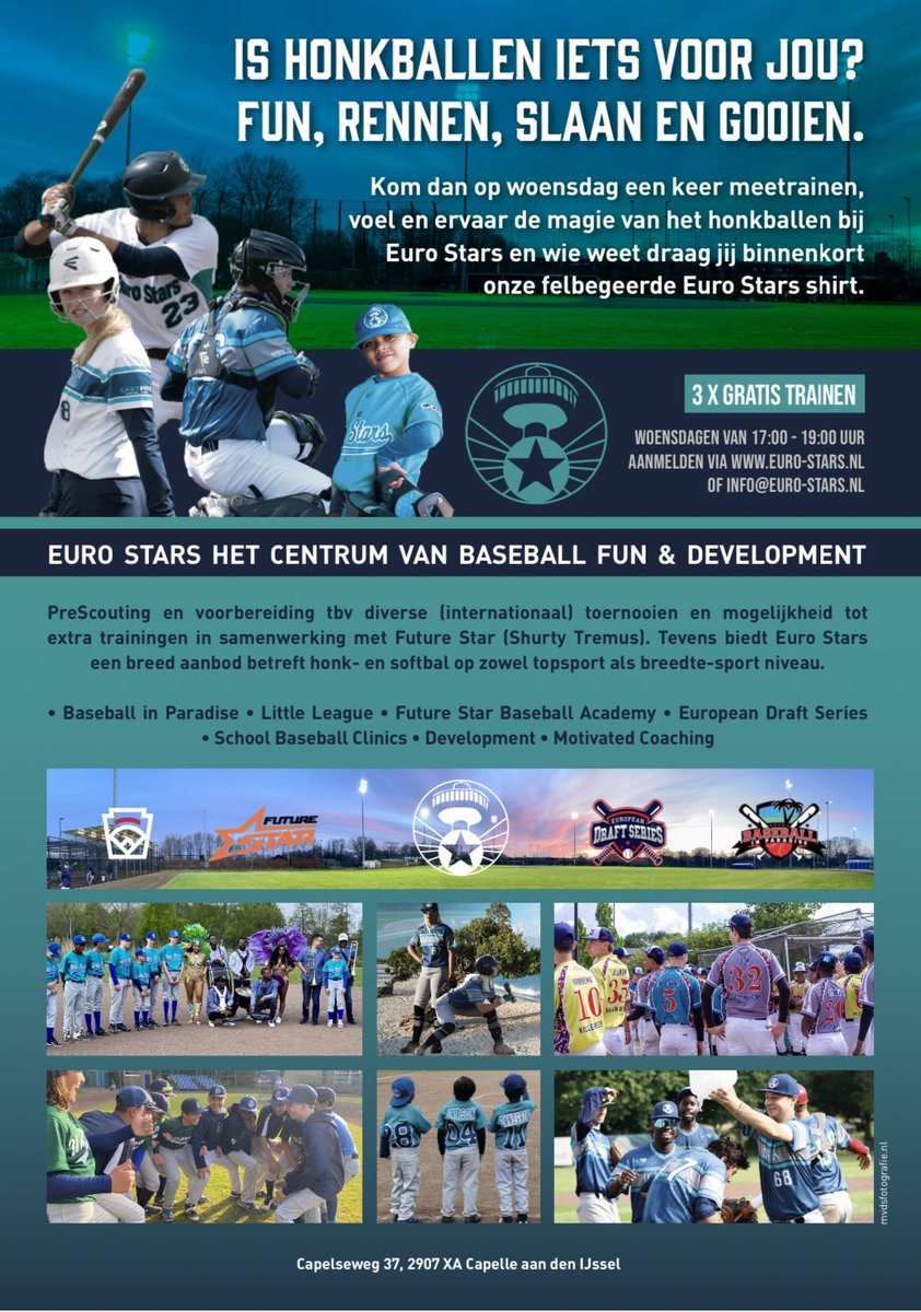 Zie jij jezelf al op het honk- of softbal veld rond rennen en een balletje slaan? Kom eens proeven en kom er vrijblijvend achter of deze sport bij jou past… Wie weet tot snel op ons veld! euro-stars.nl/proeftraining/