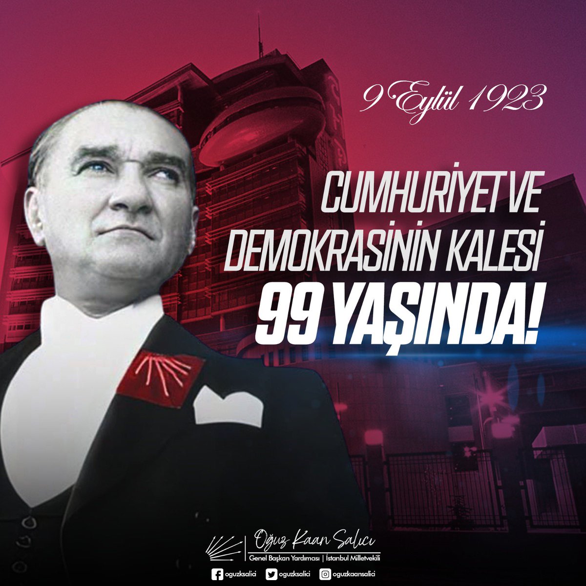 oguzksalici's tweet photo. Bağımsızlık ruhuyla savaş meydanlarında kurulan Cumhuriyet Halk Partisi, Türkiye'nin güvencesi olmaya devam ediyor.

Cumhuriyetimizin ikinci yüzyılını özgürlükçü demokrasiyle ve halkın iktidarıyla taçlandıracak olan #CHP99Yaşında. Kutlu olsun! https://t.co/UVVcLCPnUH