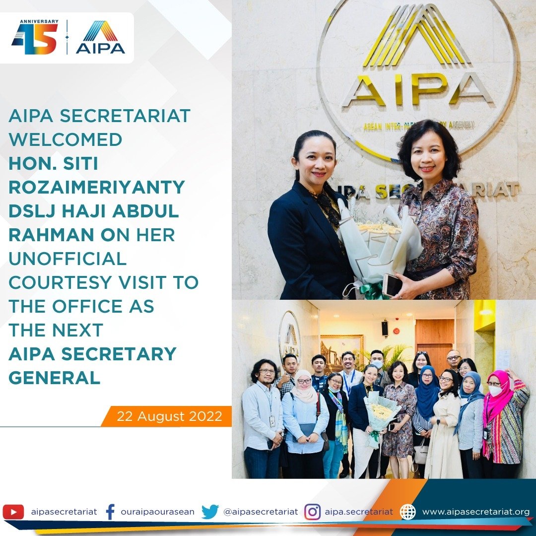aipasecretariat's tweet photo. On Monday, 22 August 2022, AIPA Secretariat welcomed Hon. Siti Rozaimeriyanty DSLJ Haji Abdul Rahman on her unofficial Courtesy Visit to the office. As the next Secretary General of AIPA, the purpose of this visit is to acquaint Honorable with the AIPA Secretariat team. https://t.co/WZQgmVkkp6