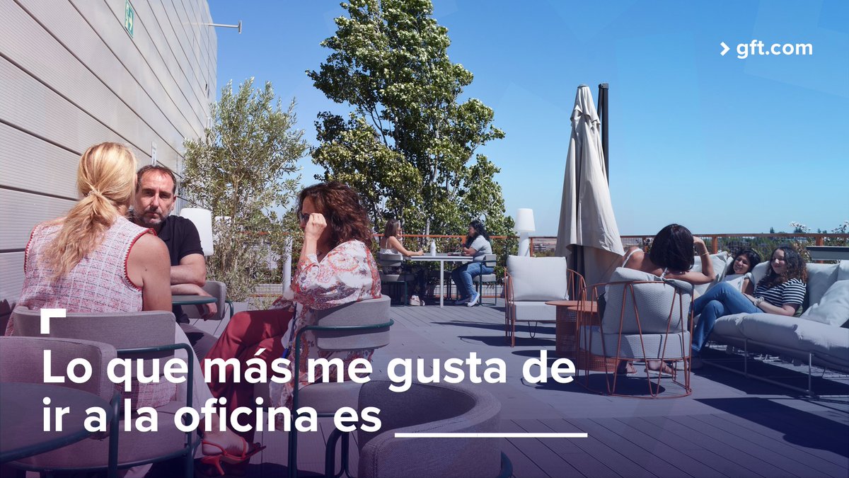 gft_es's tweet photo. Socializar con nuestros compañeros más allá de la pantalla es importante para un #AmbienteLaboral positivo, ¡y qué mejor que hacerlo en la terraza aprovechando el buen clima! 😄 
Y a ti, ¿qué es lo que más te gusta de ir a la oficina? 
#LifeAtGFT #FriendlyFridays #GFTMadrid https://t.co/fNi1zRQCK5