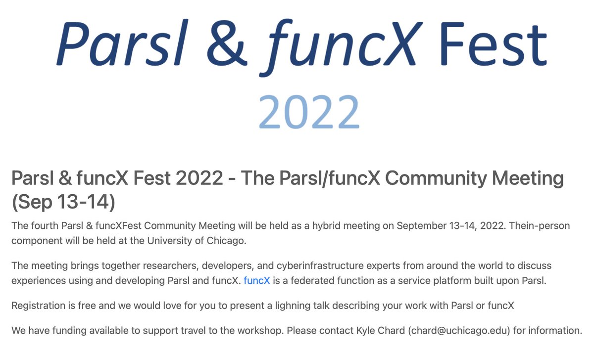 Parsl &amp; funcX Fest is now up to 30 user/developer/tech talks over 2 half-days, next week in Chicago or virtual

See what people are doing with Parsl &amp; funcX and what's happened recently, and tell us what should come next

See parsl-project.org/parslfest2022.… for the agenda &amp; to register