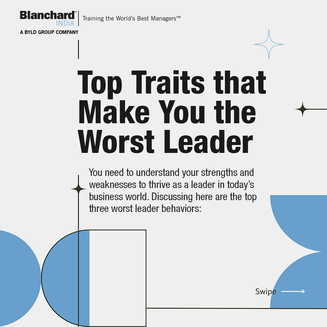 Blanchard_India's tweet photo. An employee's productivity is directly related to how managers give direction and feedback to their team members.
Here are a few traits you should never adopt as a leader.
#blanchardindia #leadershiplessons #worsttrait #leader #leadership #worstleader #toxicity #toxicleader https://t.co/aEunFqWeo5