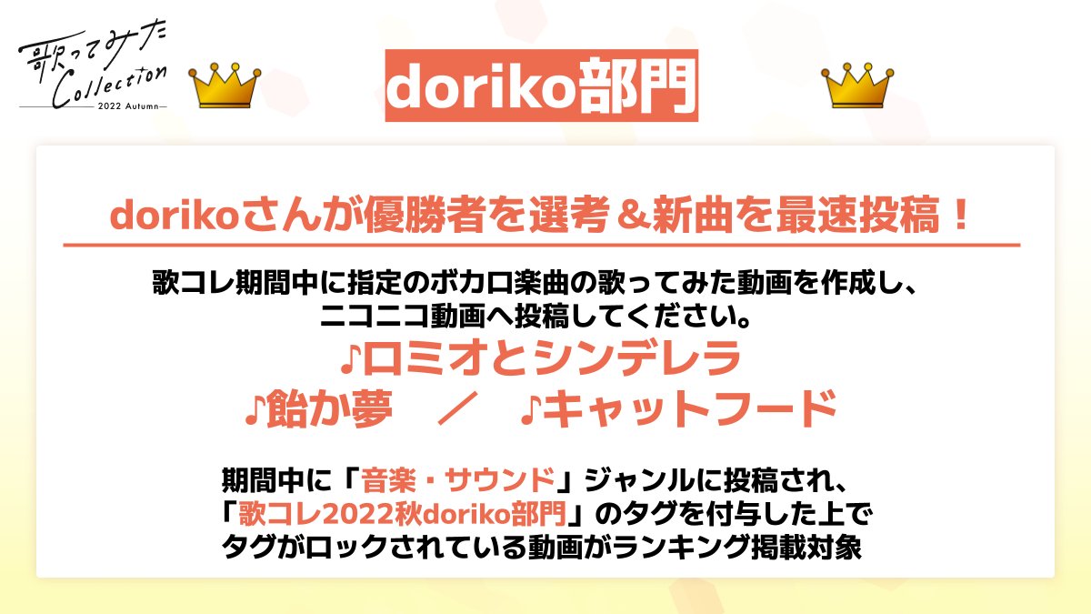 歌ってみたcollection 公式 22秋ありがとうございました 歌コレ22秋 Doriko部門ランキング 優勝者はdoriko Doriko さんの 新曲を最速で歌える 参加方法 指定楽曲の歌ってみた動画を 歌コレ期間中にニコニコ動画に投稿 投稿