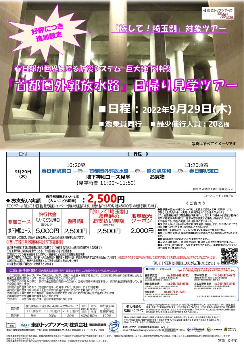 旅して！埼玉割』対象ツアー 問合せ先：東武トップツアーズ 春日部支店 TEL：048-761-8741（10:00～18:00）（日・祝休）  詳細はチラシをご確認ください↓↓↓