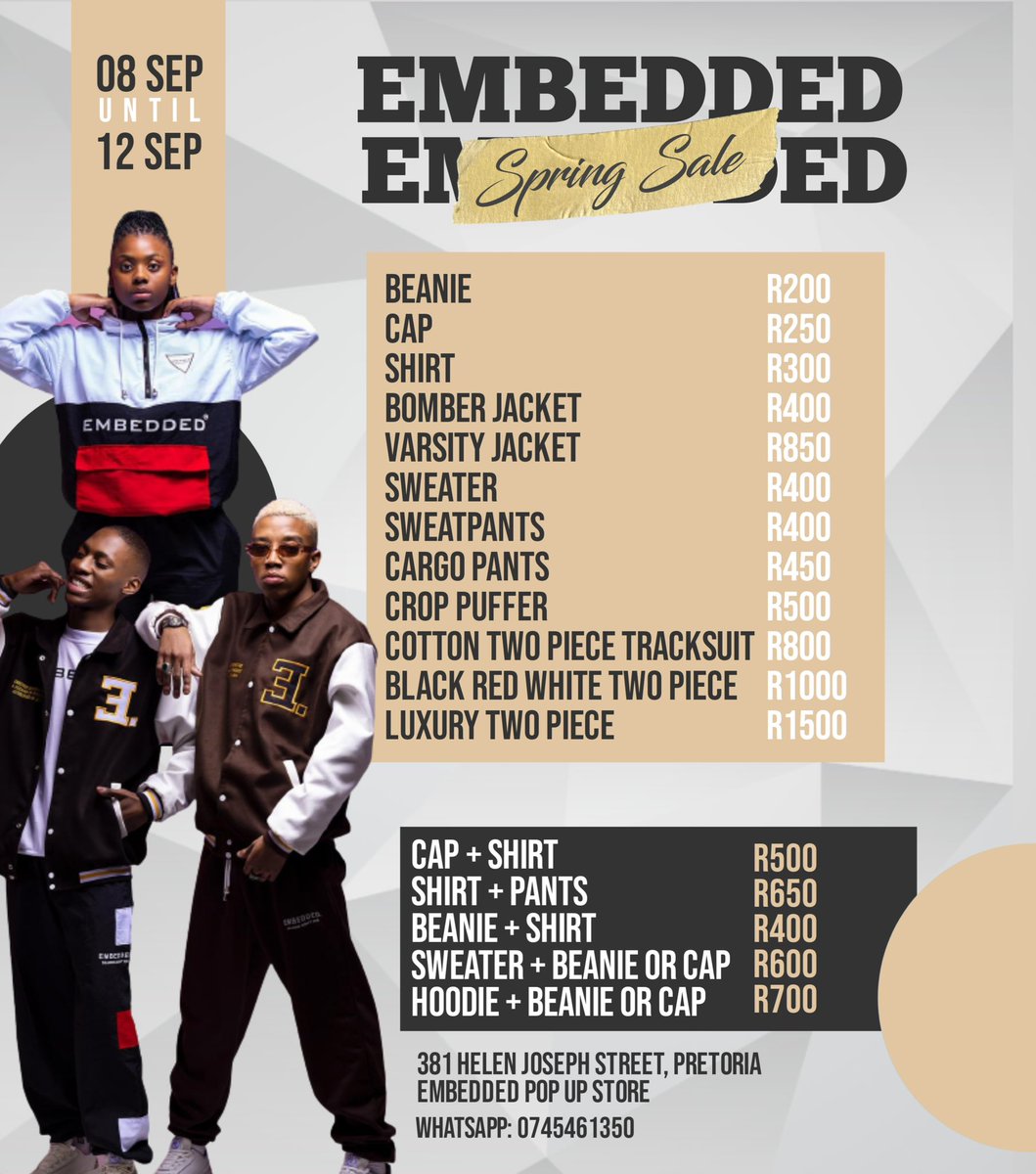EMBEDDED_SA's tweet photo. SPRING SALE AT EMBEDDED 

381 HELEN JOSEPH STREET 
PRETORIA 

#EMBEDDEDSEASON https://t.co/iYTR0RSNIN