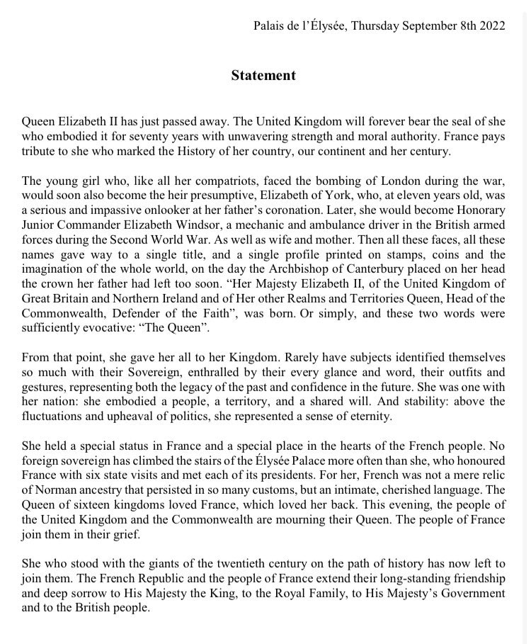 President Macron’s eloquent tribute to the Queen is completely beautiful 🕊