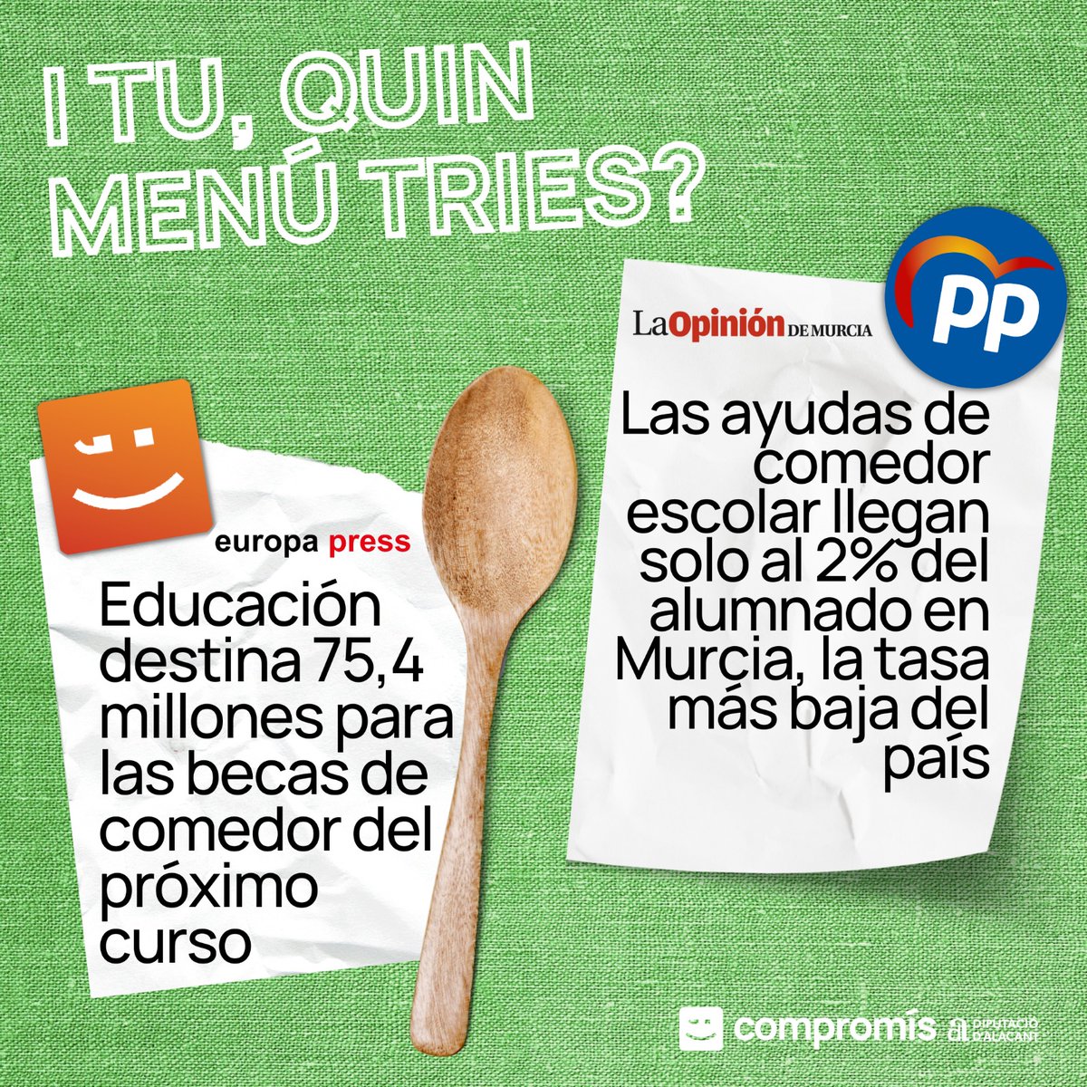gerardfullana's tweet image. 🍽️ 2 menús escolars ben diferents:

🥗 El que beneficia a 7 de 10 alumnes dels #GovernsAmbCompromís

🫗 El que deixa a un 98% de l&apos;alumnat en situació de vulnerabilitat dels #GovernsAmbElPP

I tu, quin menú tries aquesta tornada al cole?