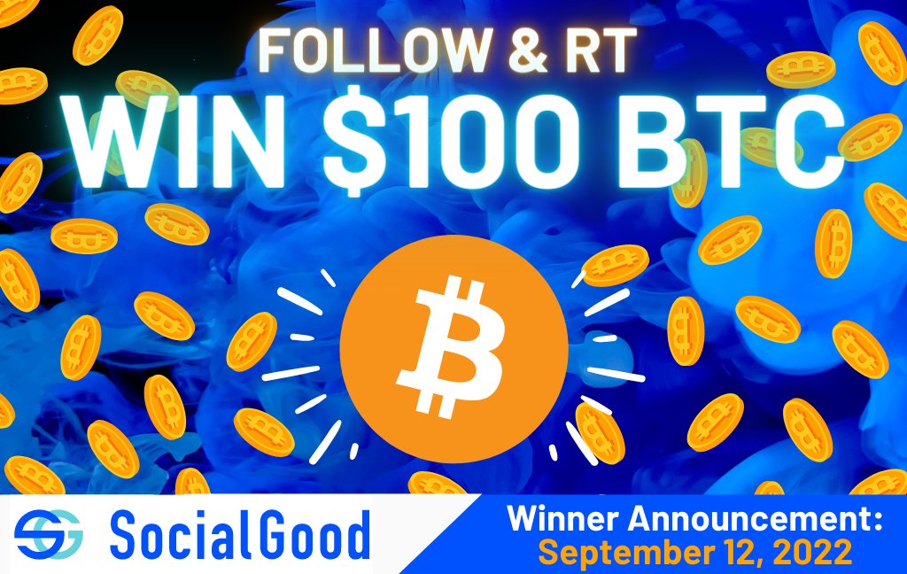 🏃💨Win $100 in $BTC 🏃💨
1⃣Follow &amp; 2⃣Retweet
for a chance to win $100 worth of #Bitcoin for our 62nd RT/Share #Giveaway!
Feeling lucky?🍀
We'll tag the winner on Sept. 12.

Shop-to-Earn free crypto with the SocialGood App!
📲socialgood.inc/?id=mwPN7i