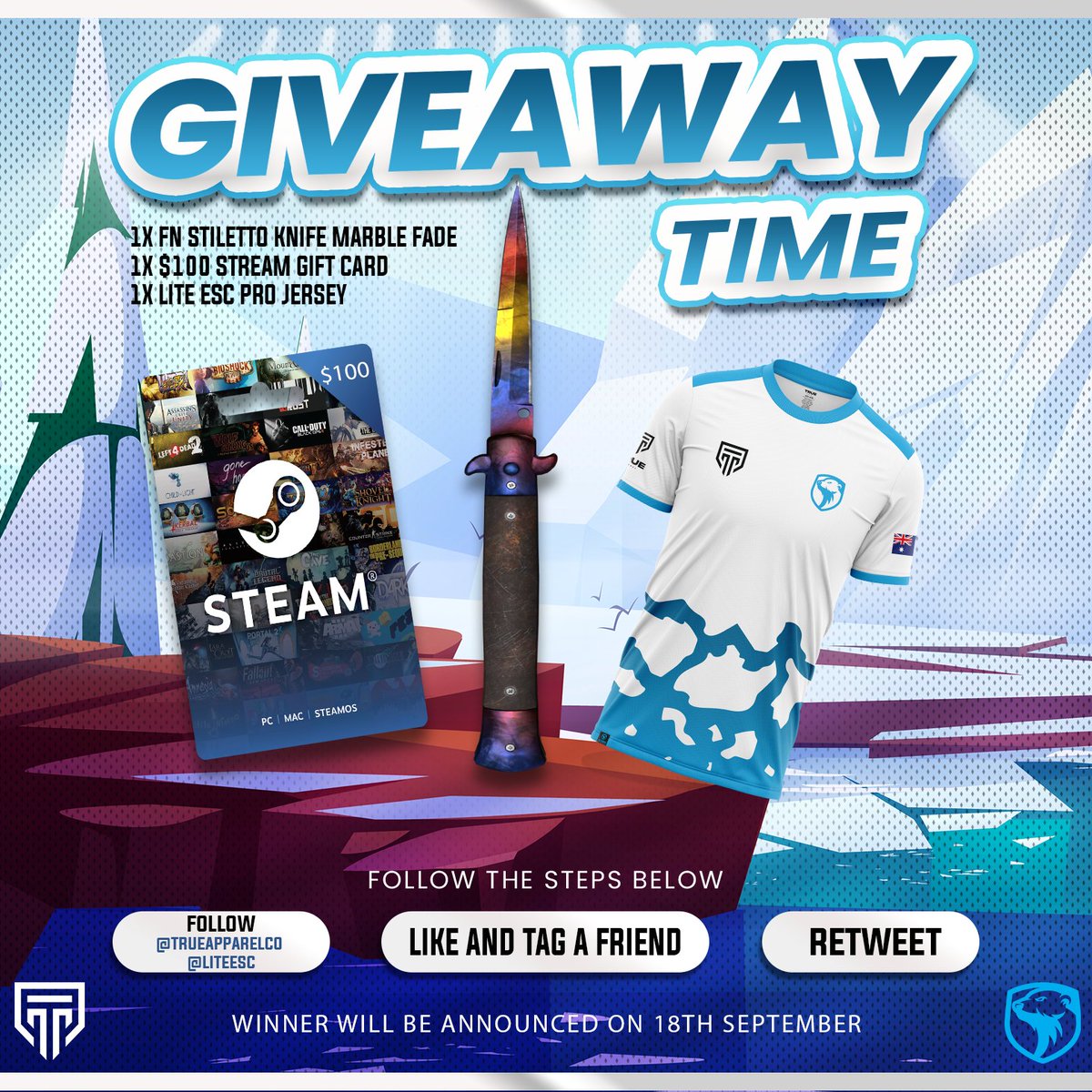 TrueApparelCo's tweet image. ❄️GIVEAWAY❄️

Thanks to @LiteESC we're doing this iceberg size giveaway 🥶

To enter 👇 
👤Follow @TrueApparelCo 
👤Follow @LiteESC 
👍Like &amp;amp; tag a friend
♻️Retweet this post

Prizes 👇
1x FN Stiletto Knife Marble Fade
1x $100 USD steam gift card
1x Pro @LiteESC Jersey

#StayTrue