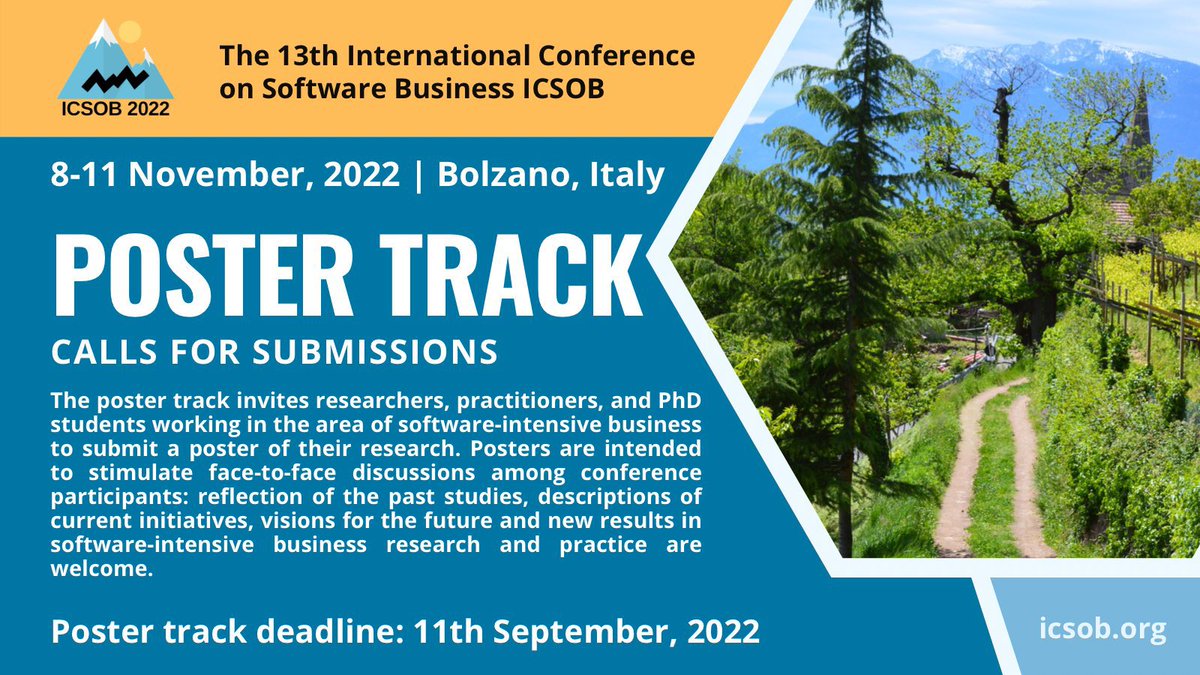 ICSOBconf's tweet photo. Deadlines, deadlines, deadlines! Remember our PhD retreat, Poster track and Industry track deadlines 11 September 2022! And those who are finalizing their camera ready research papers - remember also your deadline 13th September! Read more: https://t.co/dbGyh4P9G6 https://t.co/tVx5GDWak4