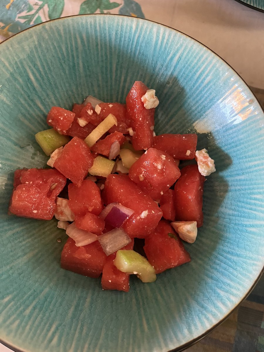 deemishell's tweet photo. That’s a smile I see. 
We’ve almost survived this horrible week of heat but tonight between the air quality and the temp not dropping may have been the worst of it. We went on a walk at 8:30 pm and it was still 97° out. 🥵 #watermelonsalad #caheatwave #momlife https://t.co/s2EIiJ0N8b