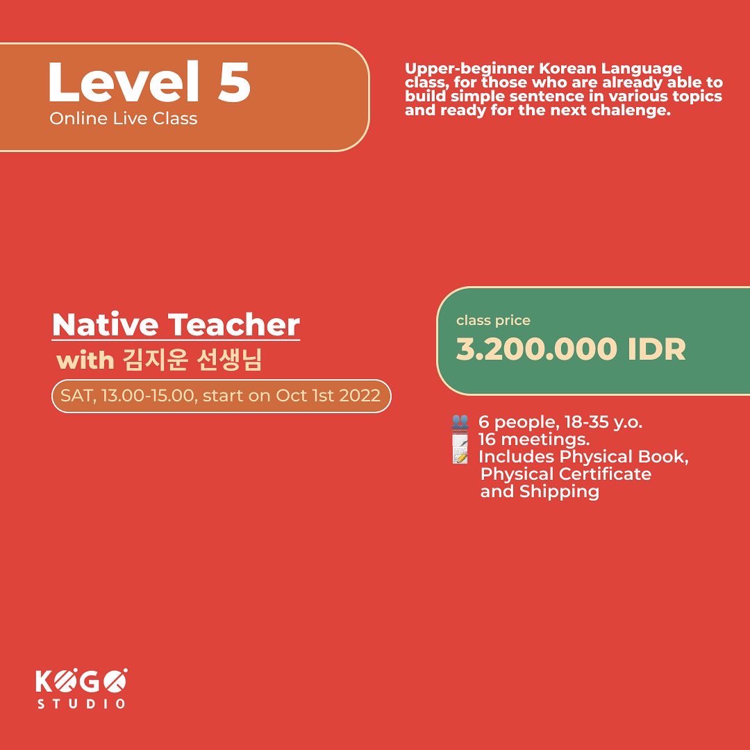KOGOstudio's tweet photo. LOCAL &amp; NATIVE  TEACHER📚
Level Up 4-5 with Native!😆👩‍🏫

‼️Don’t miss our class‼️
Register to our courses on our website: https://t.co/xaXWg3rWcc
(CLICK LINK IN OUR BIO)

#kogostudio #leskoreaonline #kursusbahasakorea #koreancourses #koreanlanguage #lesbahasakorea https://t.co/y2DpbfxHsv