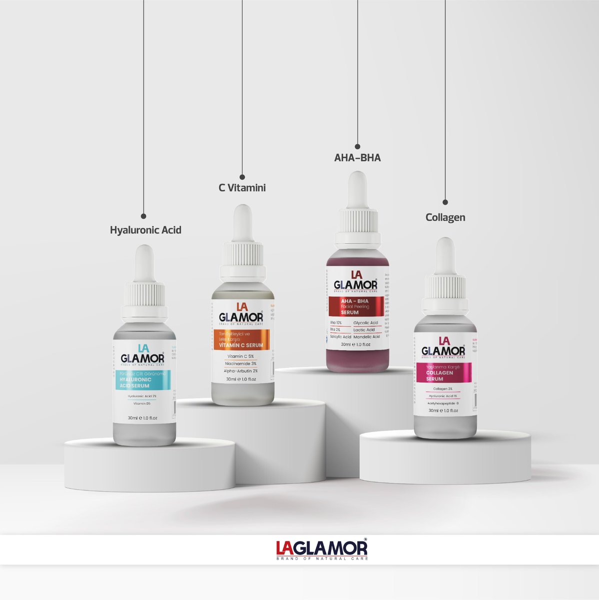 ⚔️Laglamor'un dört silahşörleri AHA-BHA kırmızı peeling, C vitanimi, Collagen, Hyaluronic Acid Serumları.