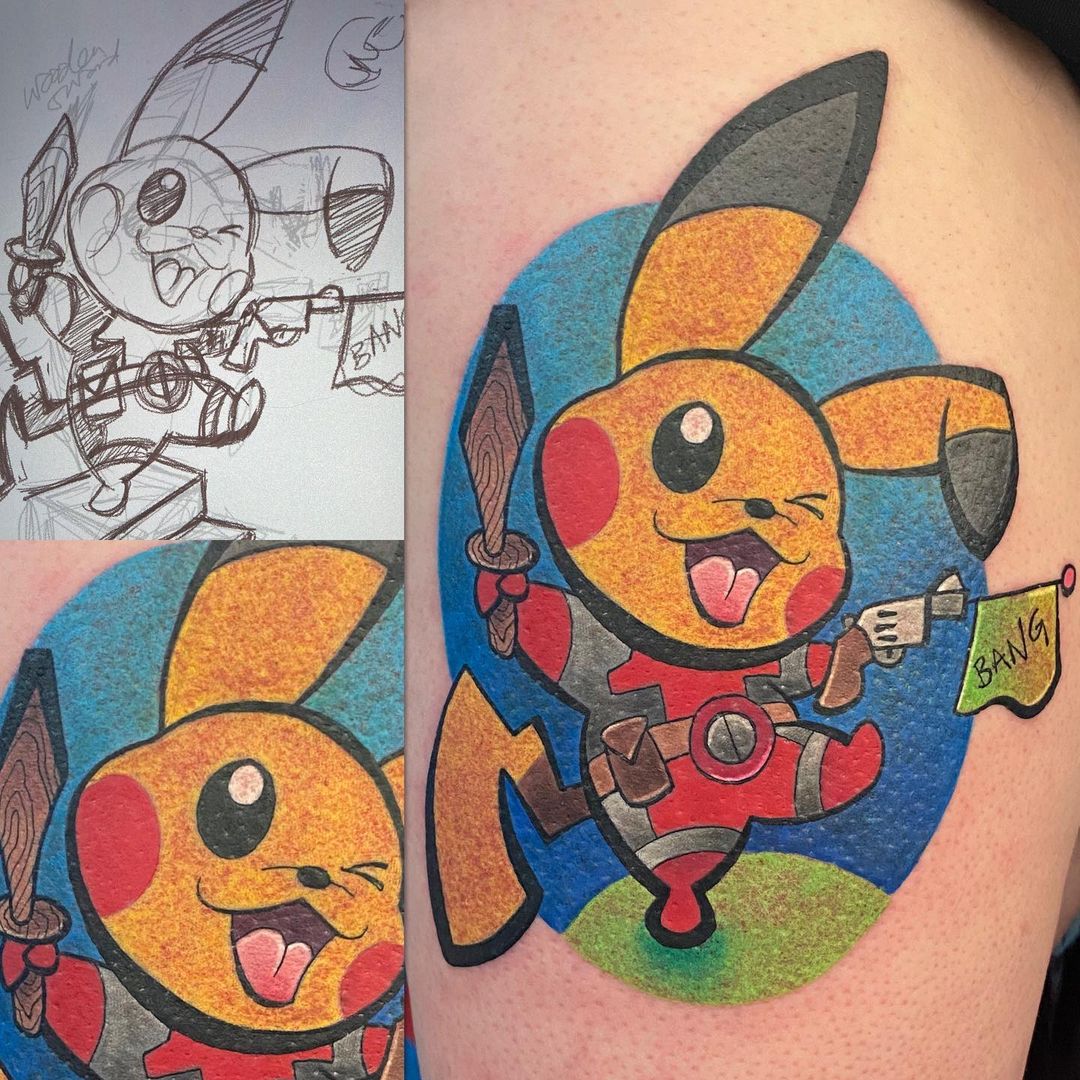 KillerInkTattoo's tweet photo. #Deadpool x #Pikachu mash-up by @craigmeasures using #killerinktattoo supplies! 

#killerink #tattoo #tattoos #bodyart #ink #tattooartist #tattooink #tattooart #pokemontattoo #pikachutattoo #deadpooltattoo #marvel #colourfultattoo #colourtattoo https://t.co/wvBaAhDW7S